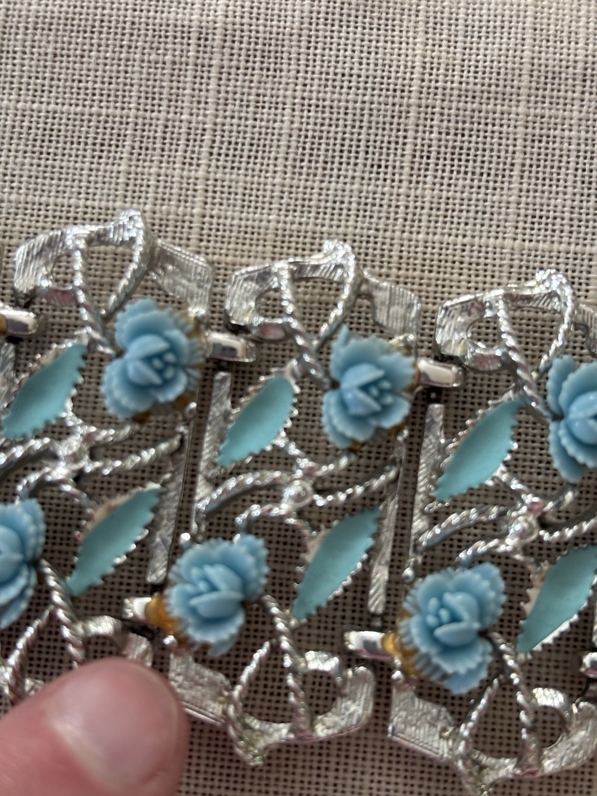 Vintage Silver Tone Blue Thermoset Enamel Wide Cuff Link Bracelet 7 1/2 Inch