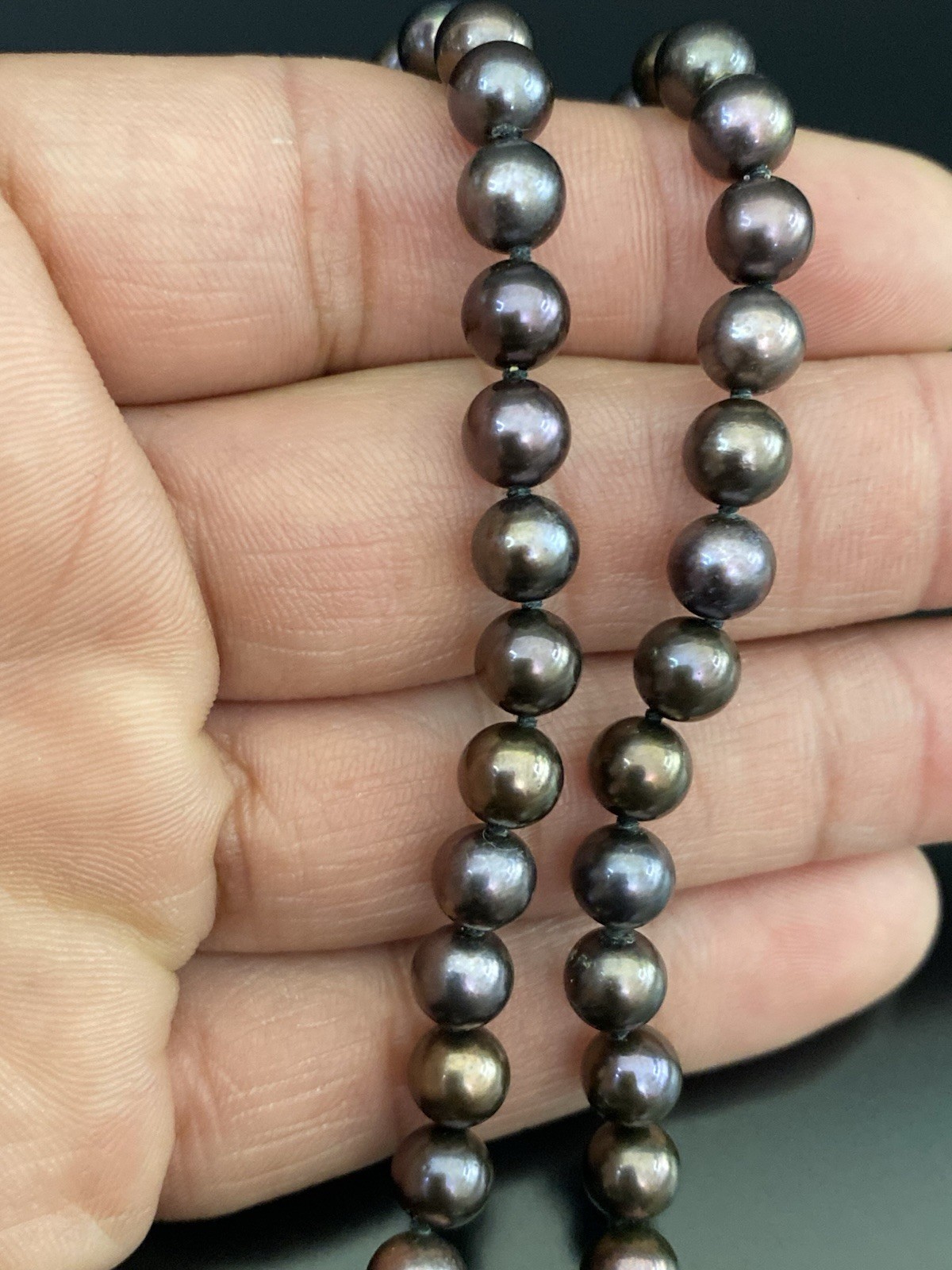 14K White Gold Fish Hook Clasp 6mm Hand Knotted Round Tahitian Pearl Necklace