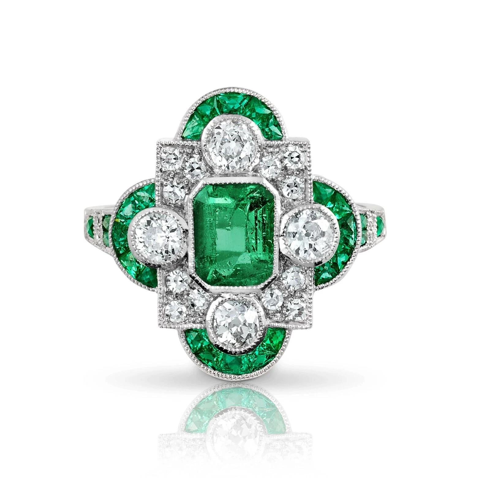 Art Deco Style Emerald and Lab Created Diamond Engagement 14K White Gold FN Ring