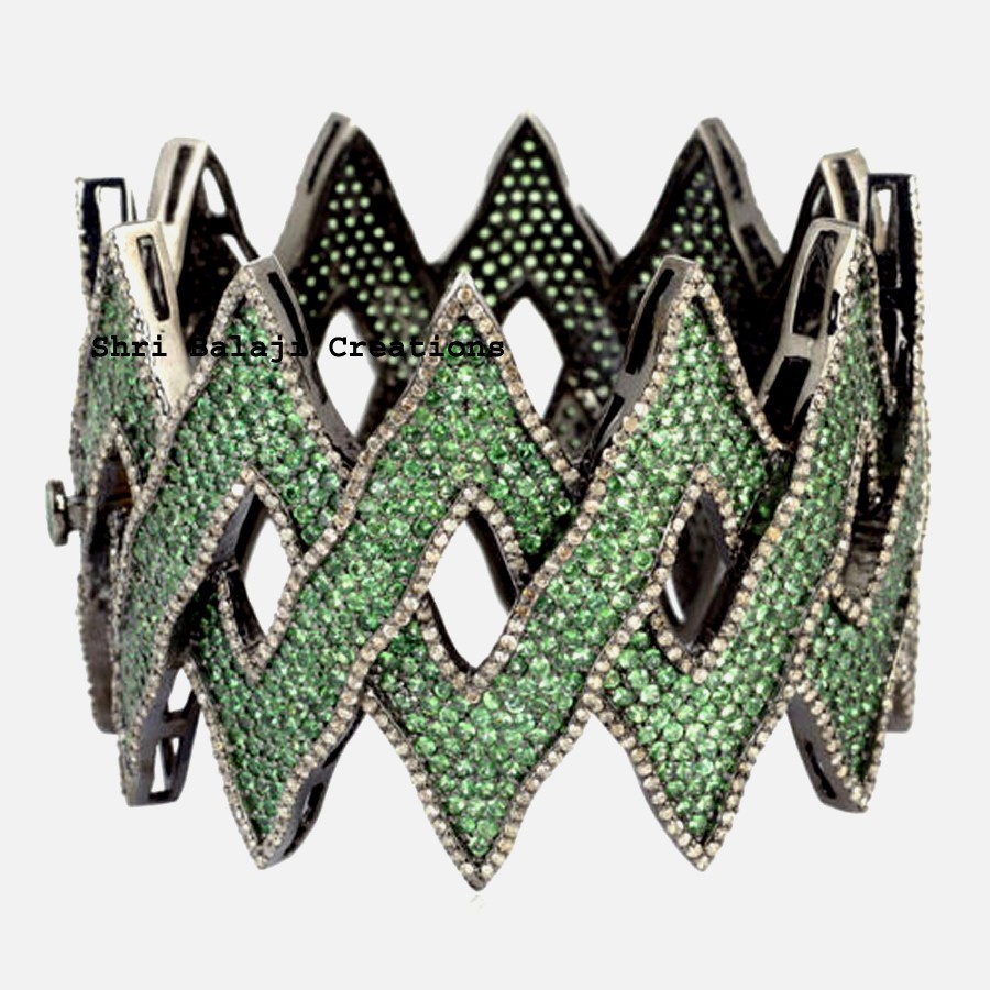 Natural Rosecut Diamond Emerald Gemstone 925 Sterling Silver Bangle Jewelry