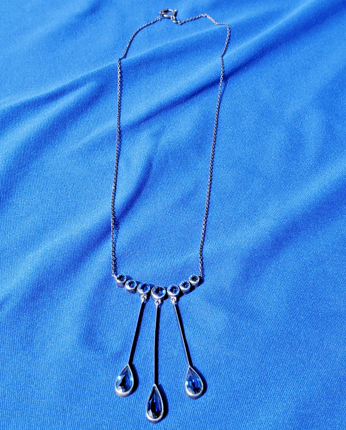 Original STERLING SILVER 925 Deco Modernist Rare Necklace Vintage Sapphire Paste
