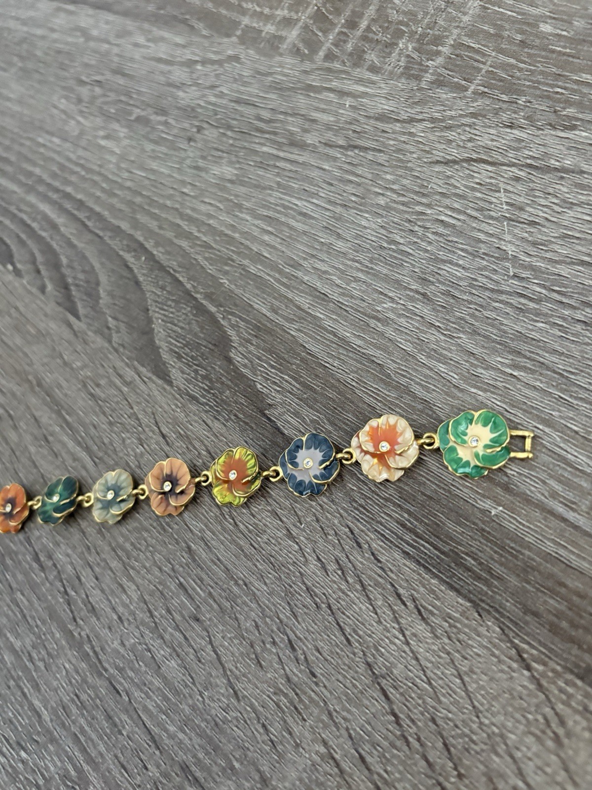 Vintage Joan Rivers Pansy Bracelet Floral Enamel Multicolor Gold Tone