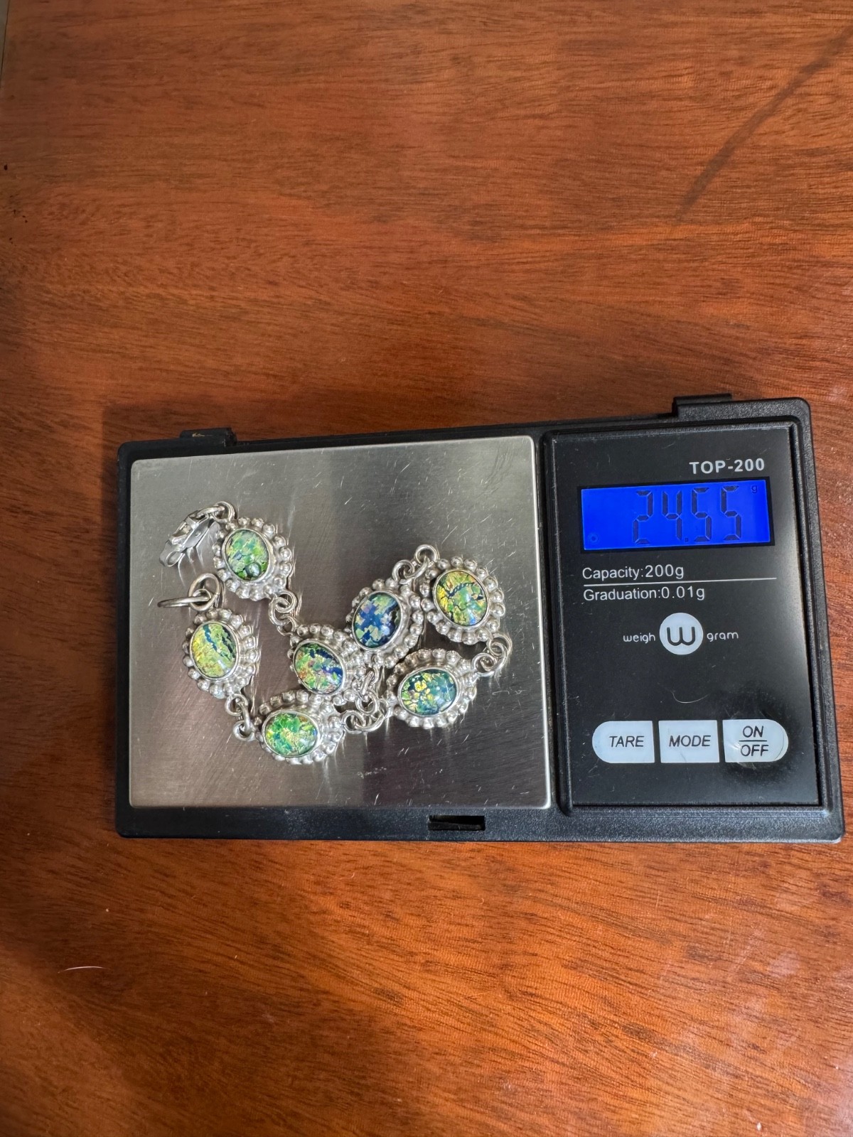 Peacock cabochon mexico sterling silver bracelet 7.25 in