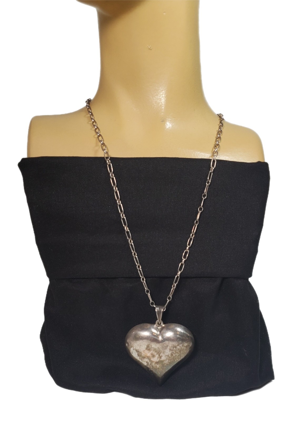 Vtg Sterling Silver 1¾” Puff Heart Necklace W/ Oval Chain Link Overhead Patina