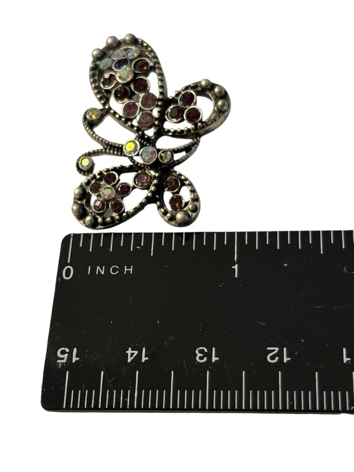 Butterfly Brooch Pin Silver Tone Purple Aurora Borealis Rhinestones Textured VTG