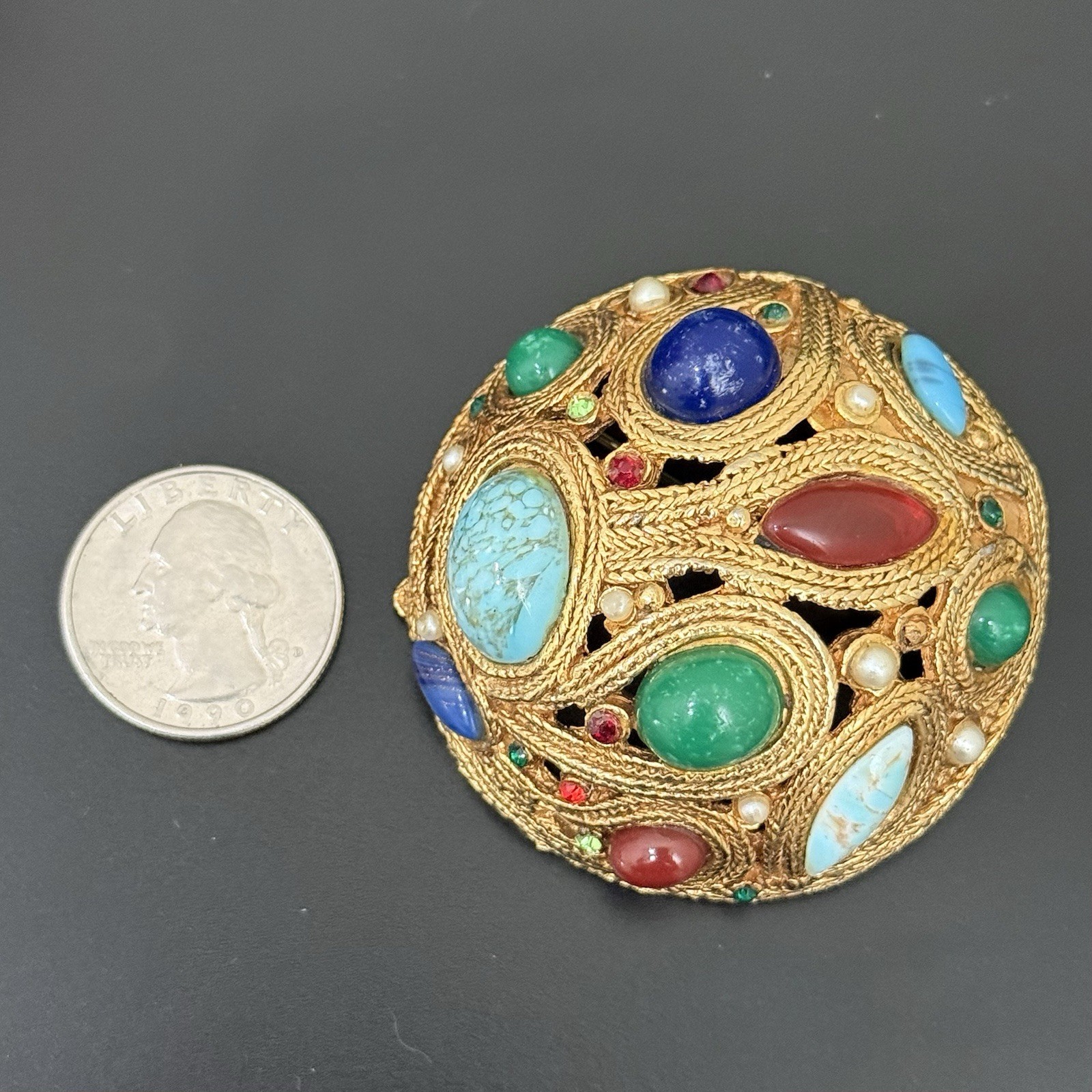 Vintage La Roca Style Multicolor Bejeweled Gemstones Gold-tone Dome Brooch 44g.