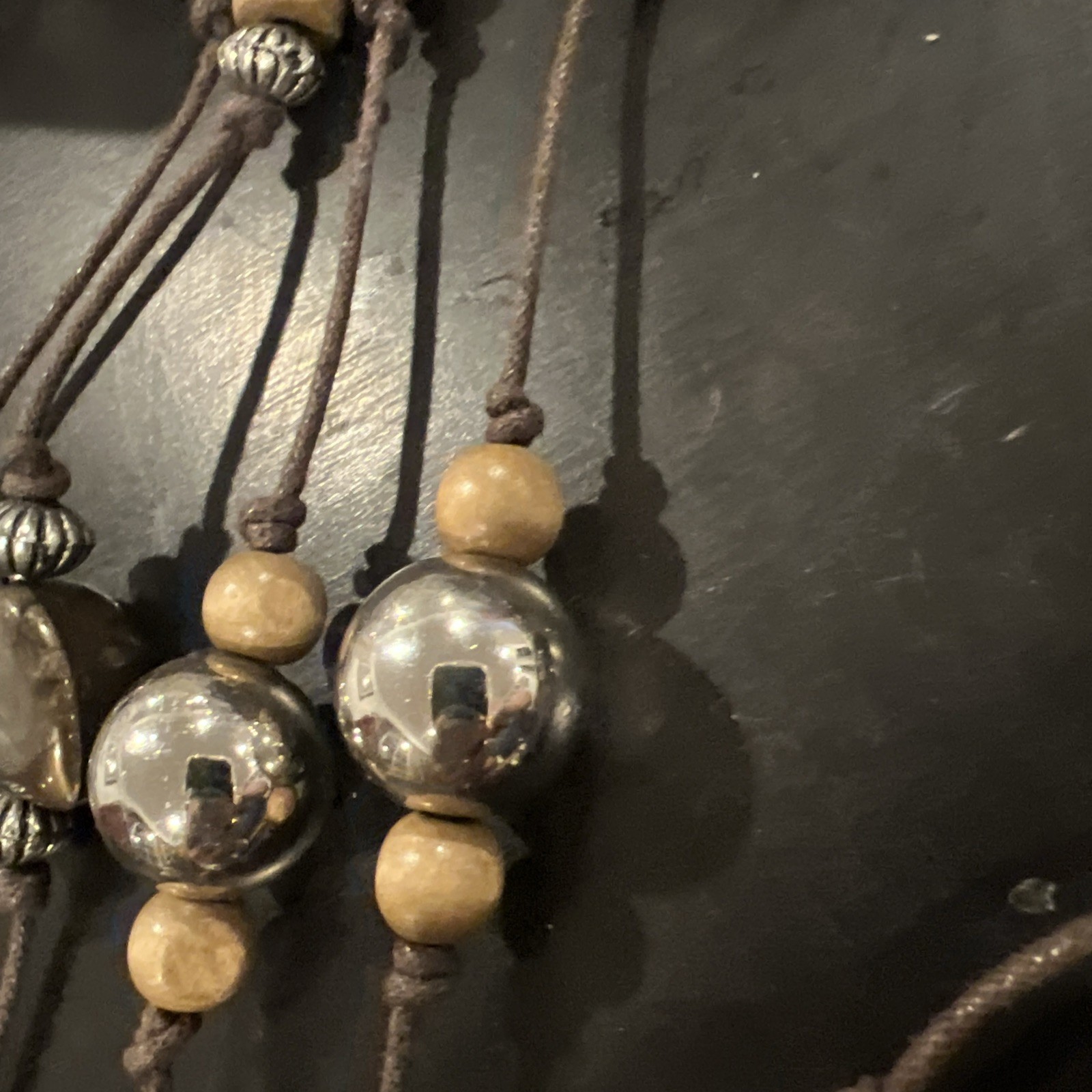 VTG Beaded statement necklace wood silver shell-like beads cord & bracelet Y2K