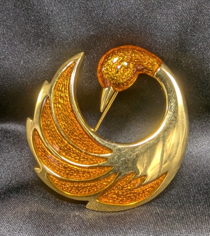 Vintage Orena Paris Swan Brooch Gold Tone Orange Amber Enamel Inlay Beautiful