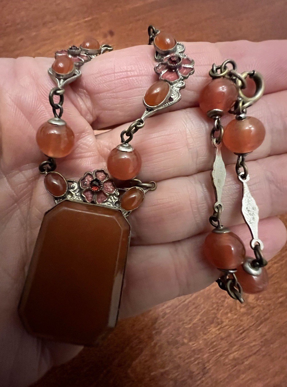 Vintage CZECH Faux Carnelian Glass Enamel Floral Station Pendant Necklace Signed
