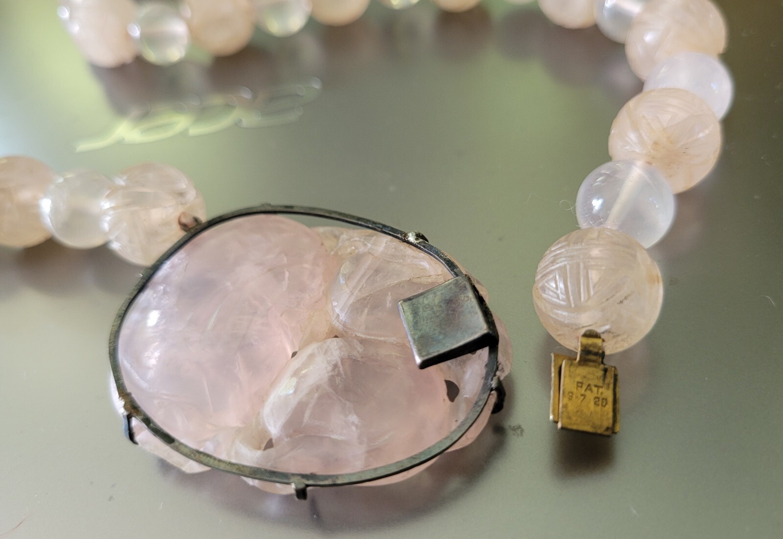 Antique Chinese Circa 1920s Sterling Carved Rose Quartz Beads Pendant Necklace