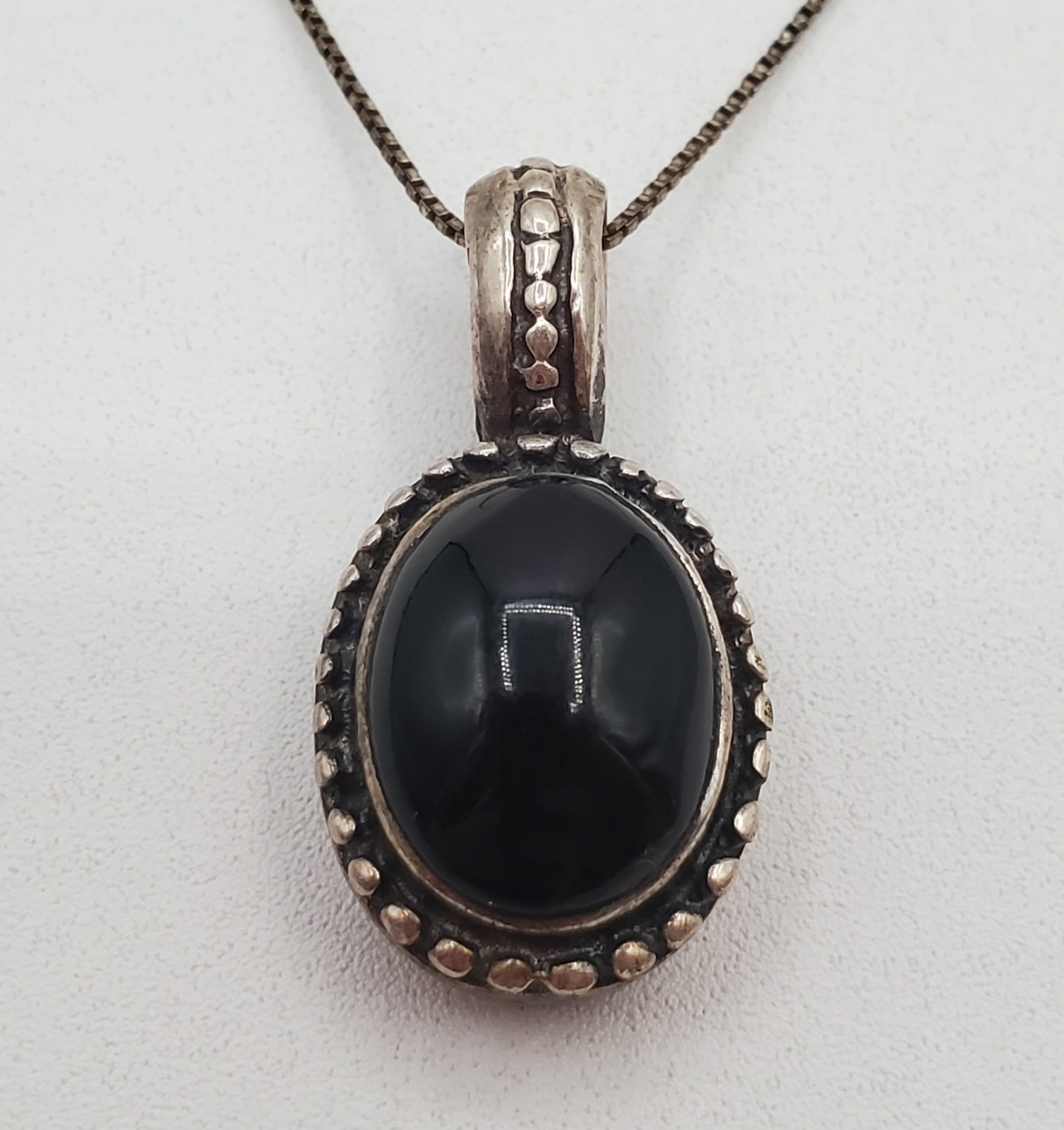 MEX 925 ATI Black Onyx Necklace 23in Sterling Silver 9gtw Box Chain VTG Estate