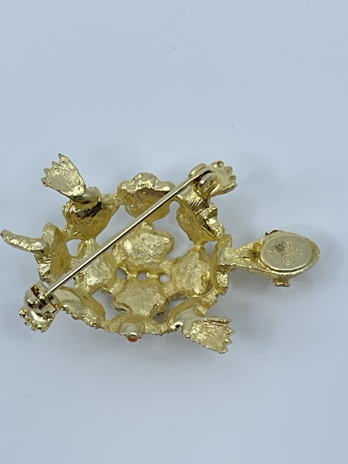Vintage Brooch Pin De Nicola turtle faux coral and green rhinestone 1-3/4″