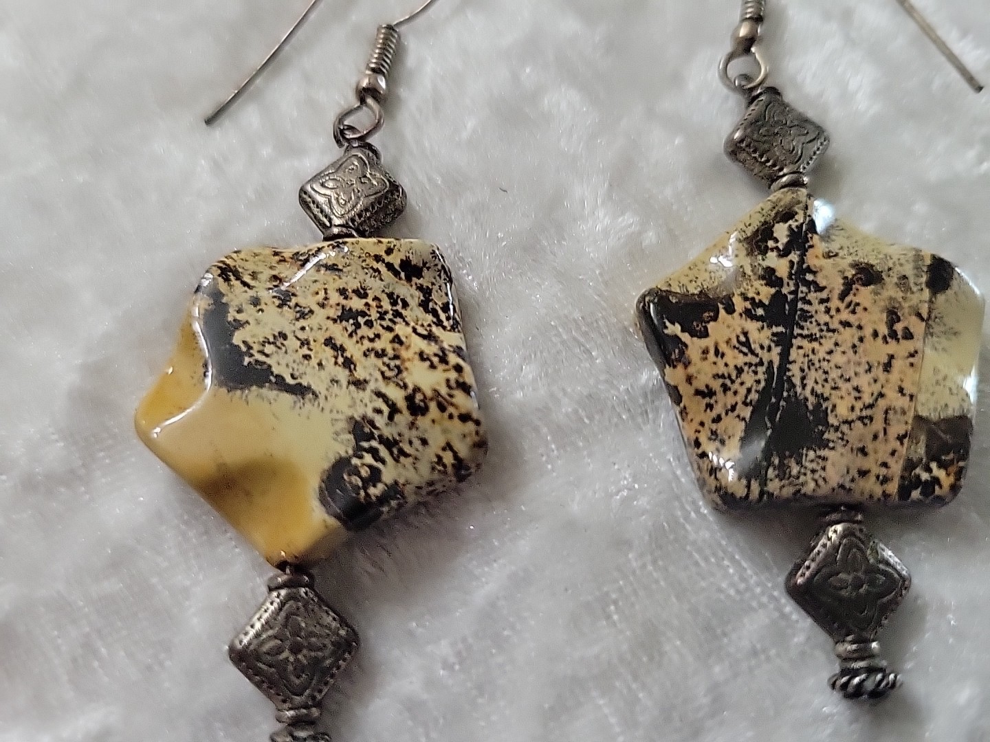 Vtg Silver Jasper Pierced Dangle Hook Earrings