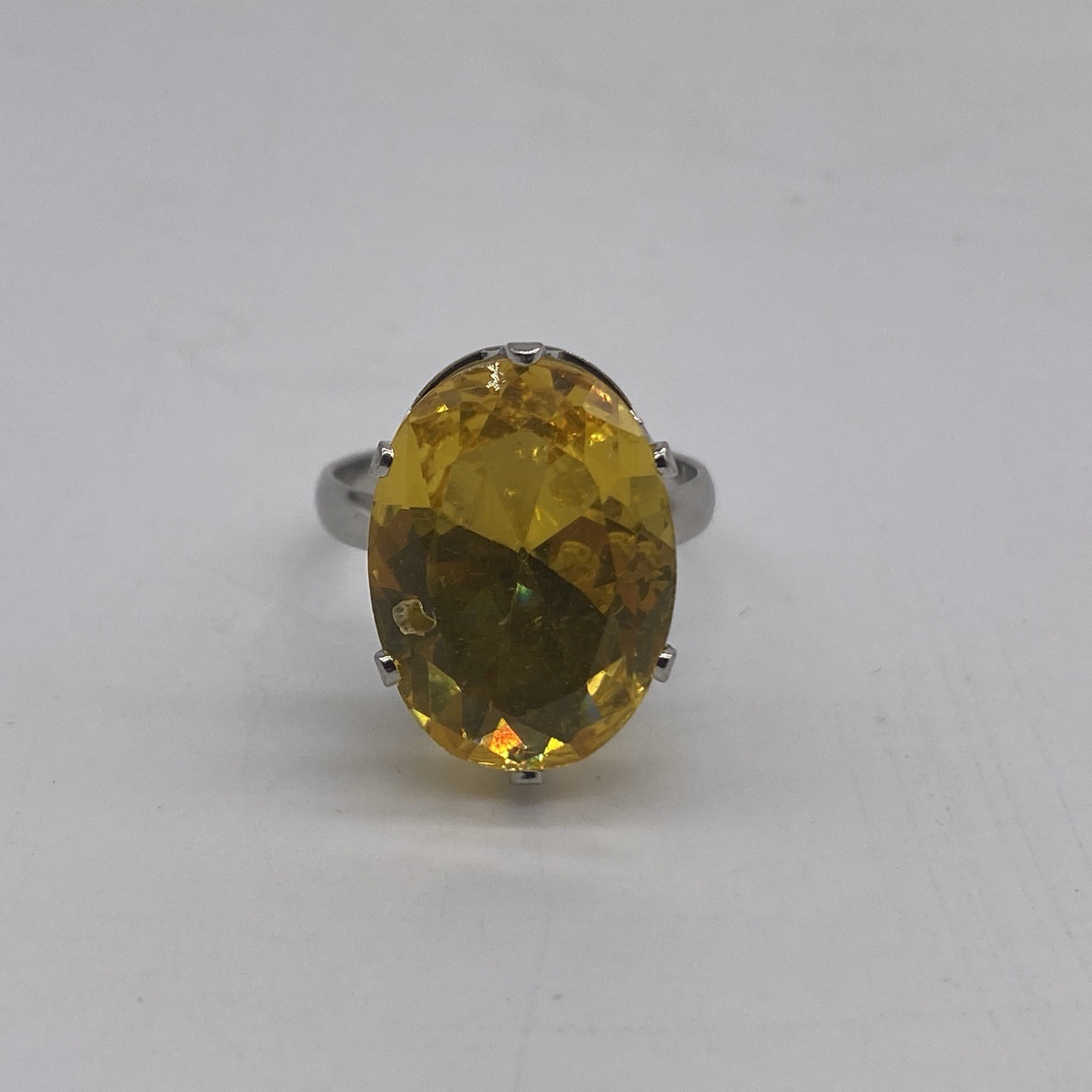 Silver Tone Yellow Stone Ring Size 6