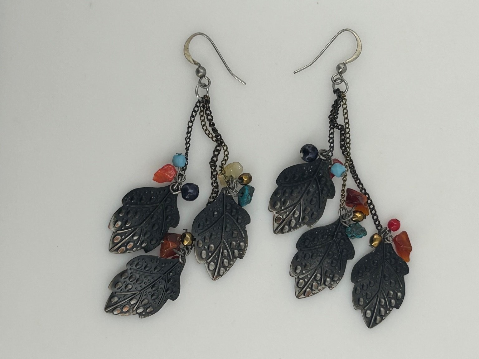 Oxidized Silver Tone Dangle Drop Earrings 3.5″ Leaf Charms Multi-Color Beads