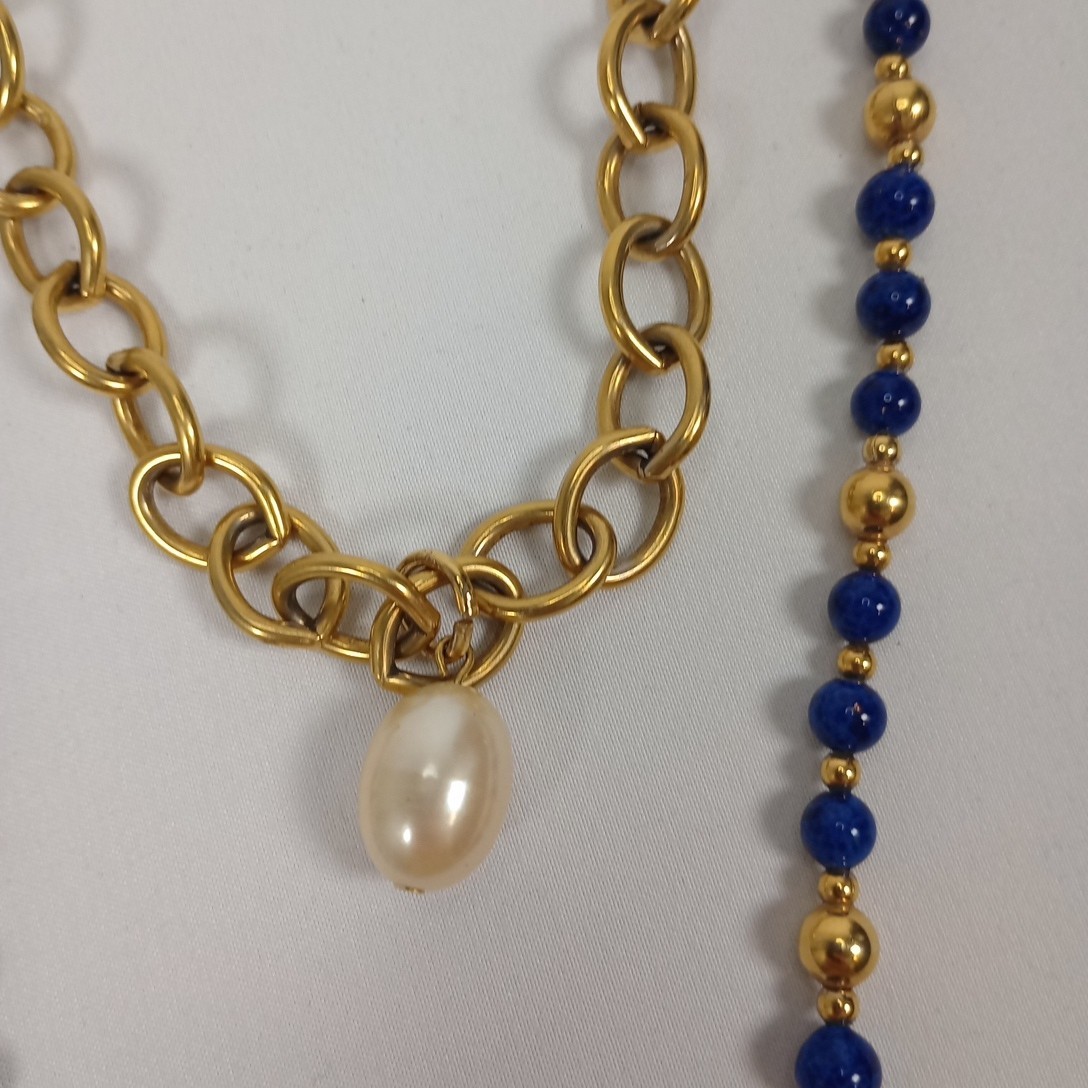 Vintage Convertible Blue Beaded Gold Tone Necklace Faux Pearl Drop 34″