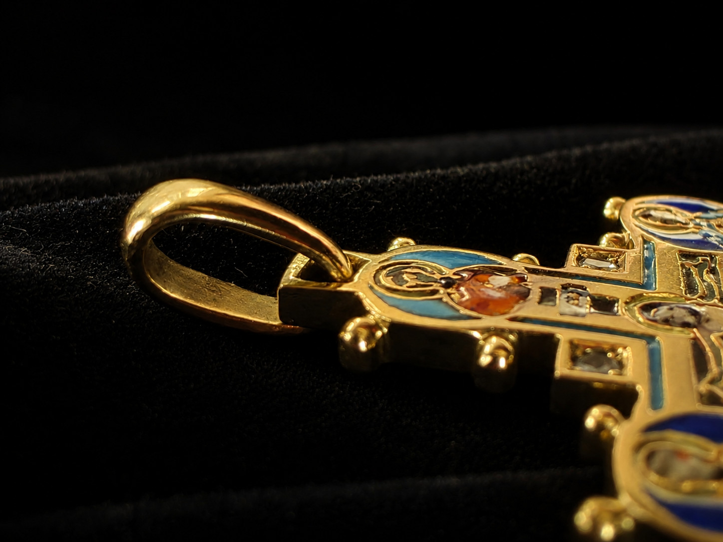 Antique Byzantine Revival Cross Pendant 18K Gold Enamel 4 Diamond Rare Religious