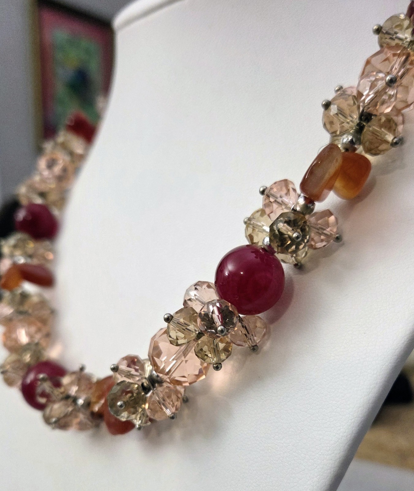 Glass Crystal Faceted Clusters Beaded 18″ Choker Necklace Champagne Pink Beads