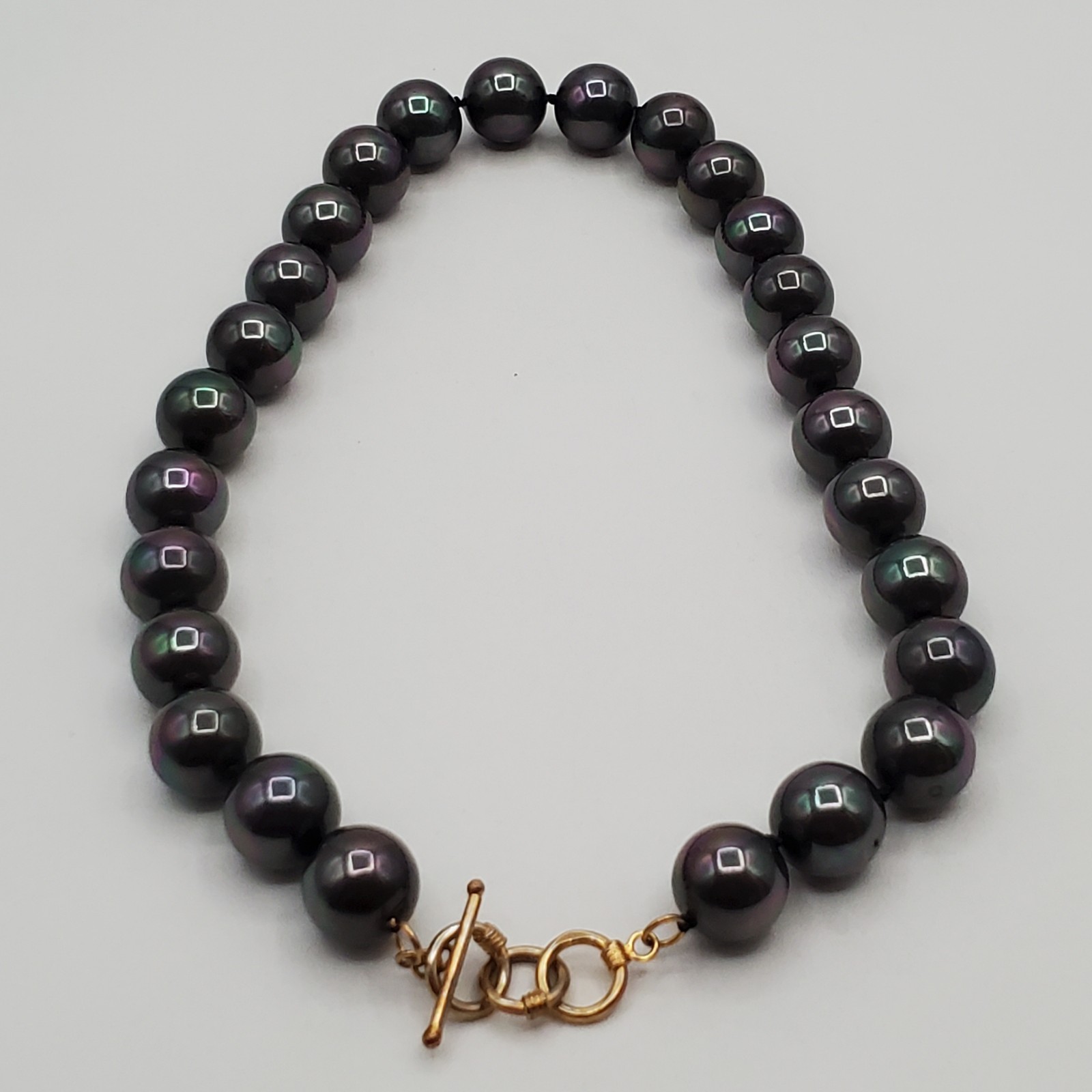 VTG 925 Vermeil Peacock Faux Pearl Necklace 12mm Gray Green Purple Hand Knotted