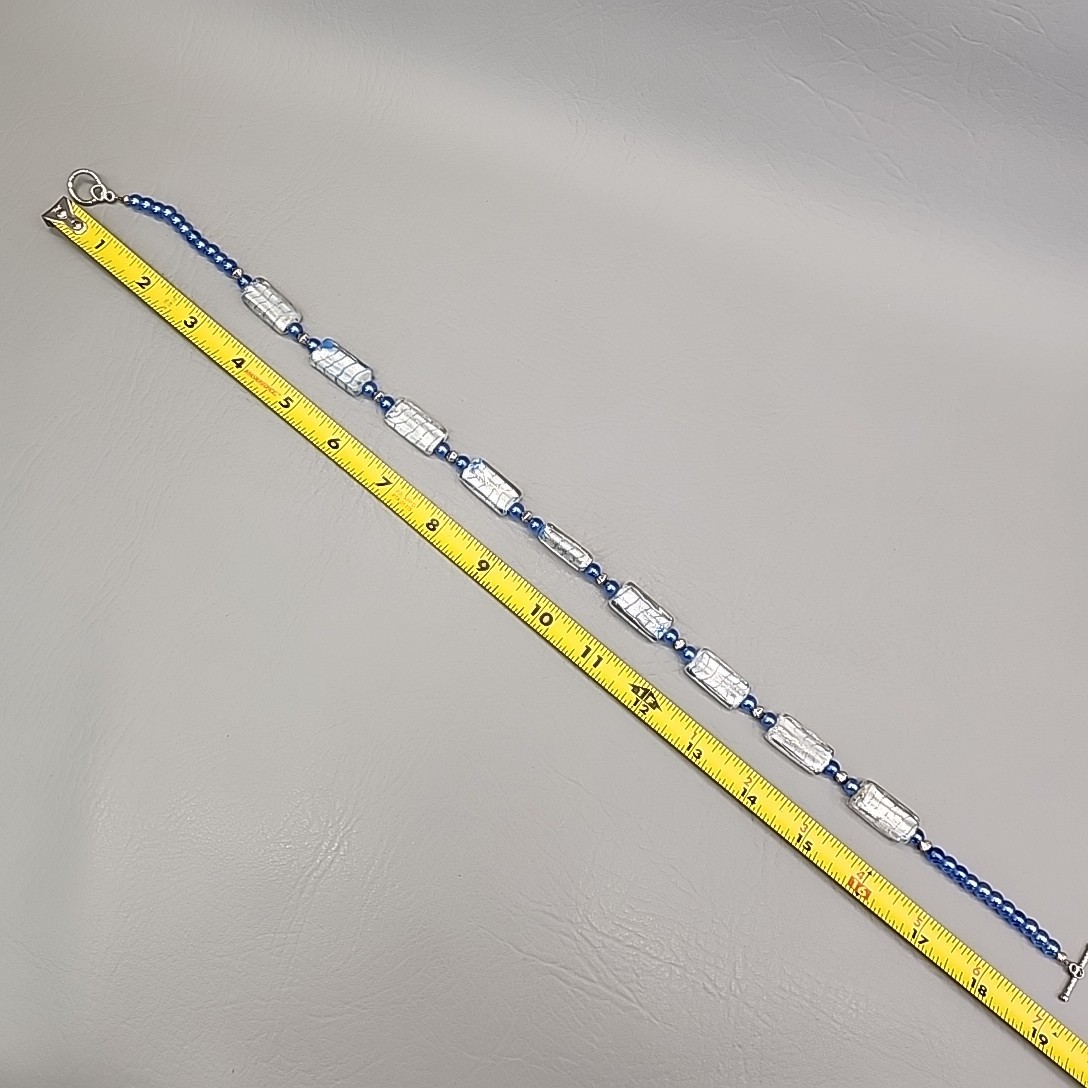 Vintage Glass Beaded Necklace Blue Striped Silver Foil Toggle 19″