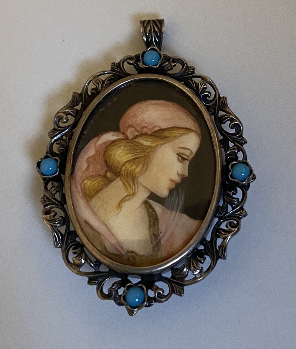 Vintage 800 Silver Filigree Blue Glass Hand Painted Portrait Brooch or Pendant