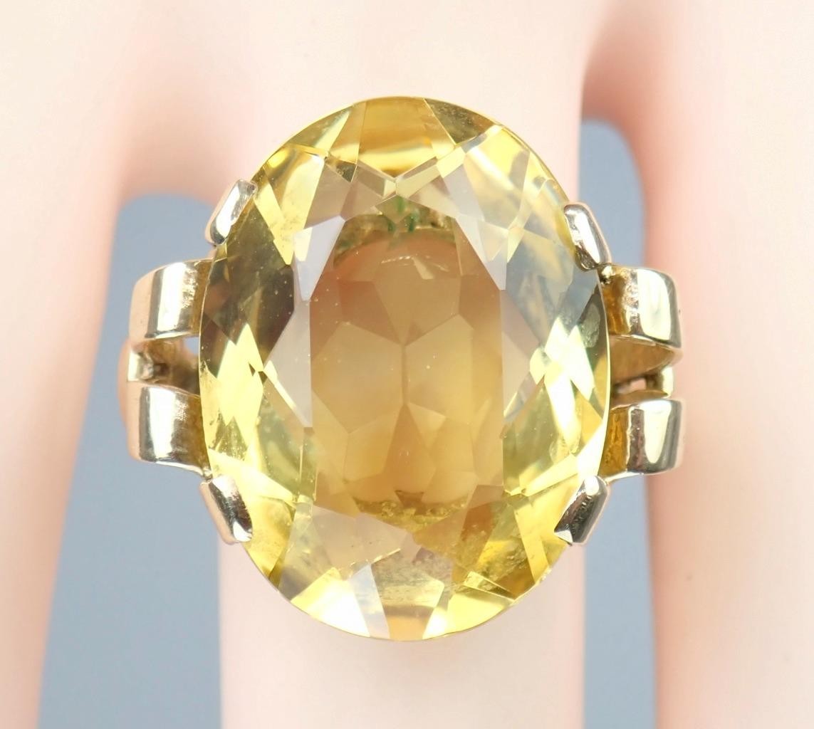 Beautiful Vintage Mid Century 9K Gold 13.3Ct Citrine Cocktail Ring 1960s Sz 8.25