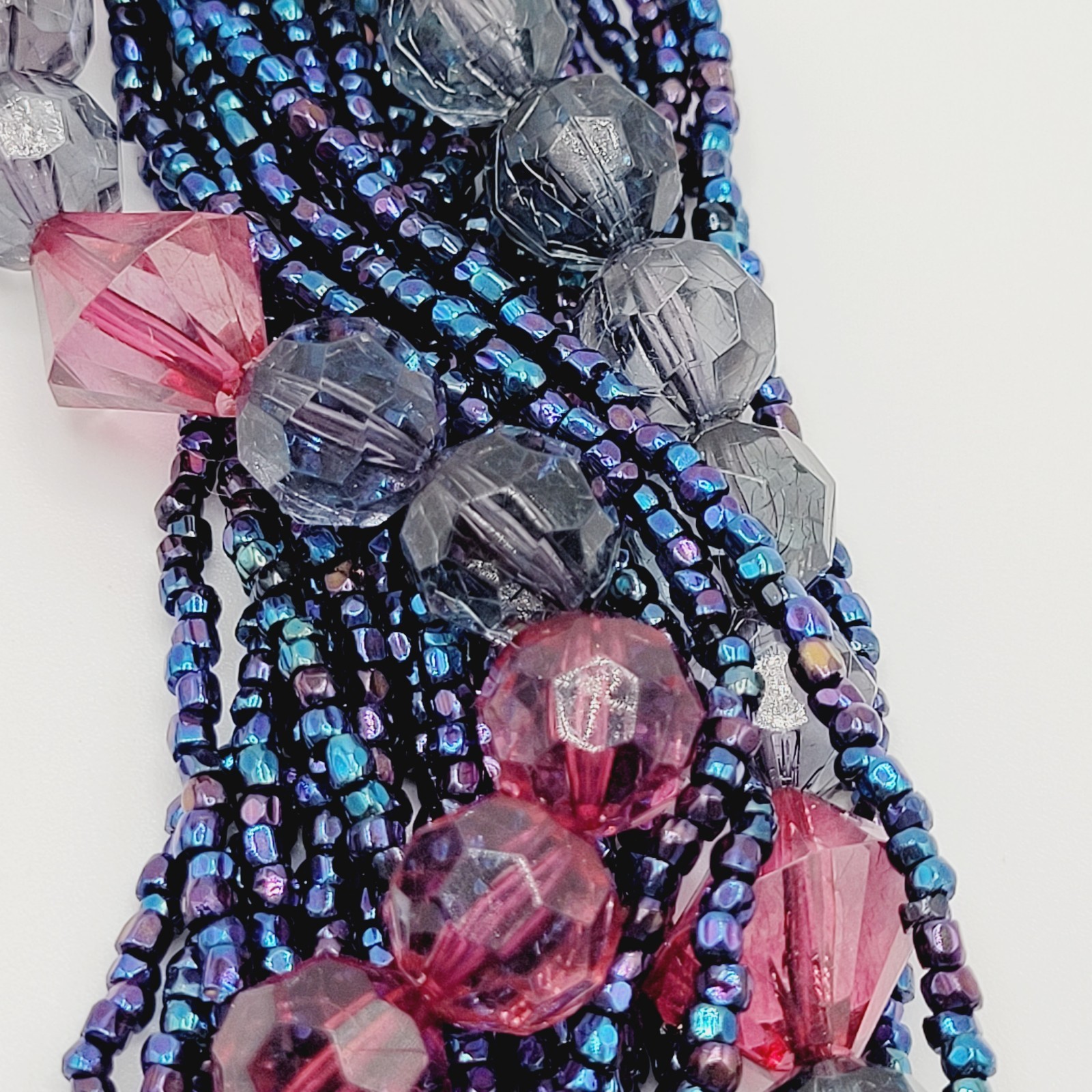 Purple and Deep Blue Iridescent Twist Multi Strand Glass Beaded Vintage Necklace