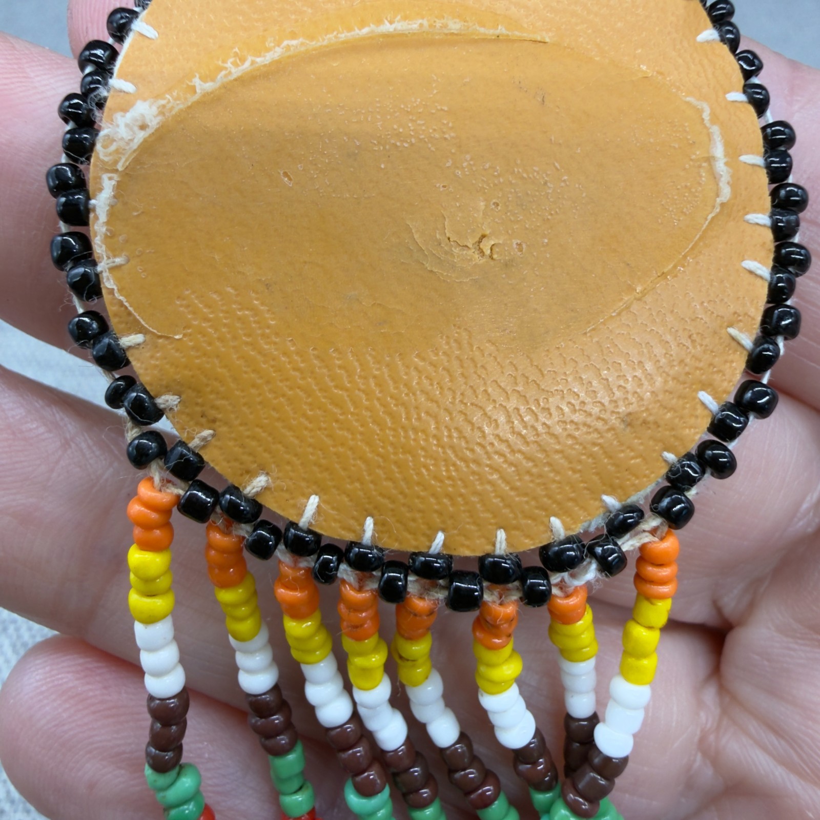 Vintage Necklace Colorful Seed Beads Leather Backed Pendant 22 Inches Southwest
