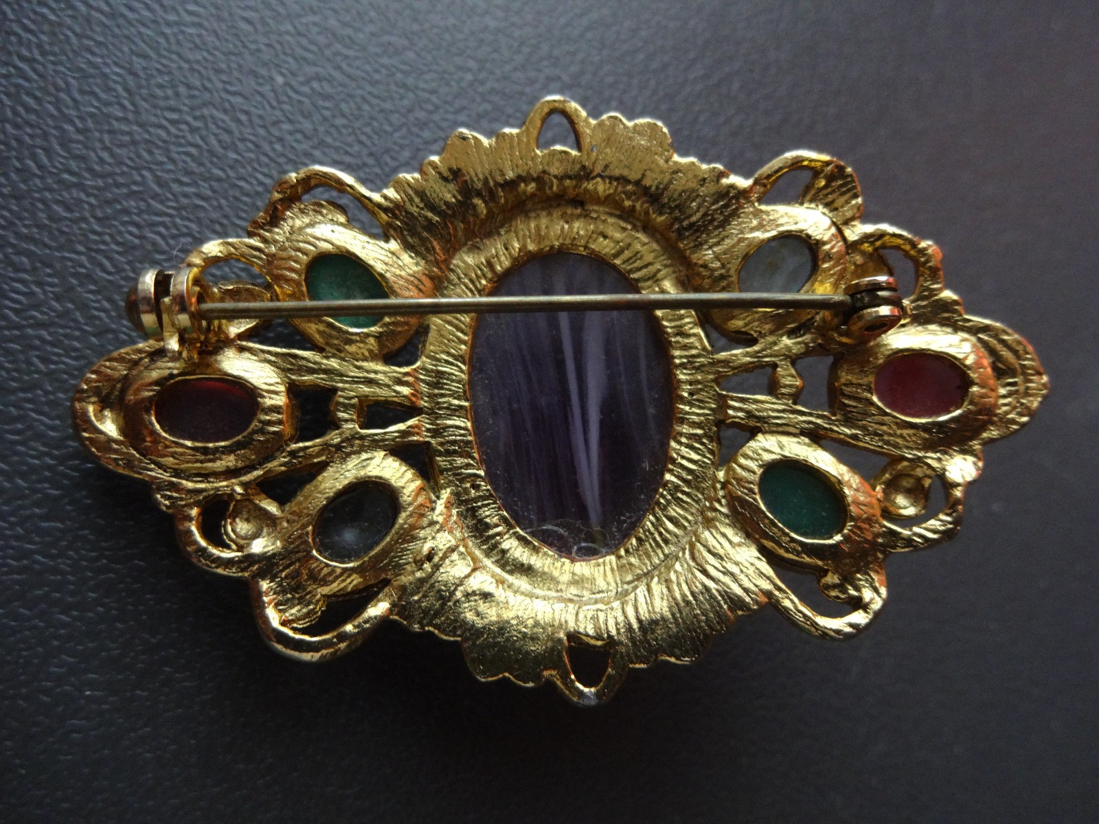 Vtg Gripoix Poured Slag Glass Mogul Multicolor Rhyinestone Jeweled Brooch