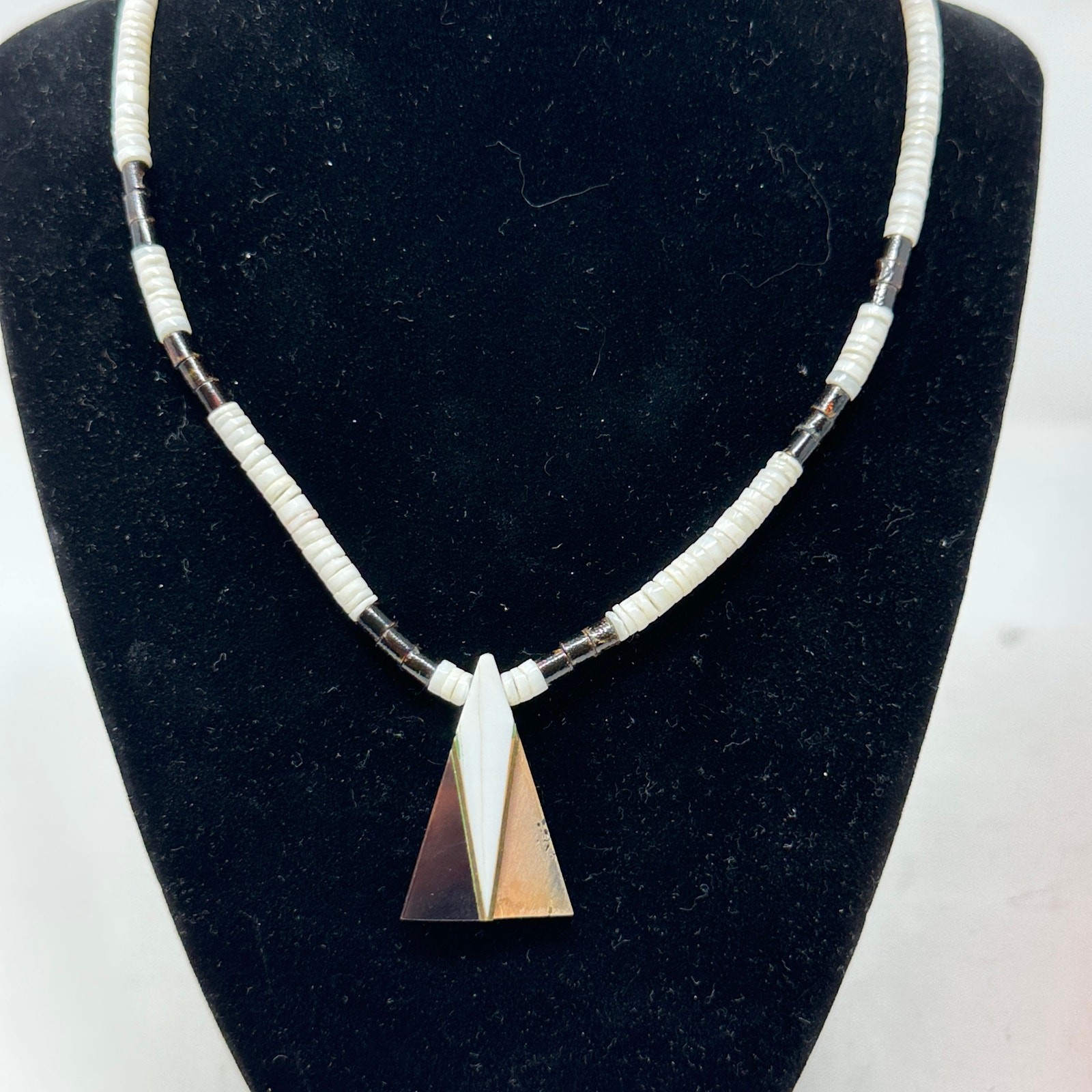 VTG Heishi Beaded Necklace With Triangular Stone Inlay Pendant Black White Brown