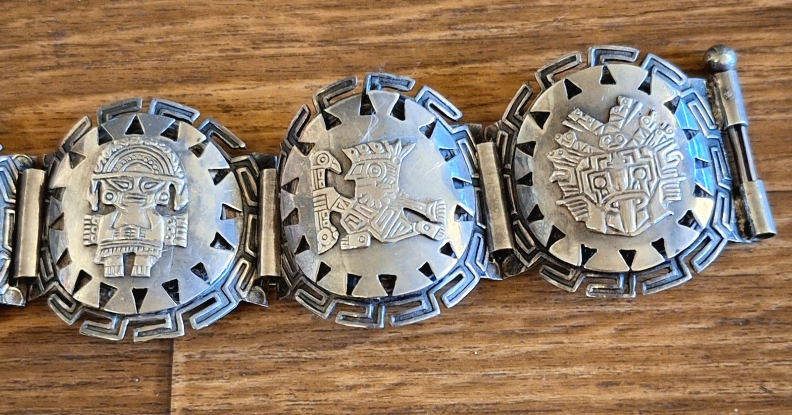 Vintage Estate Peru Sterling Silver Bracelet W/Mayan/Inca Panels! 7.25″ L! 44G!!