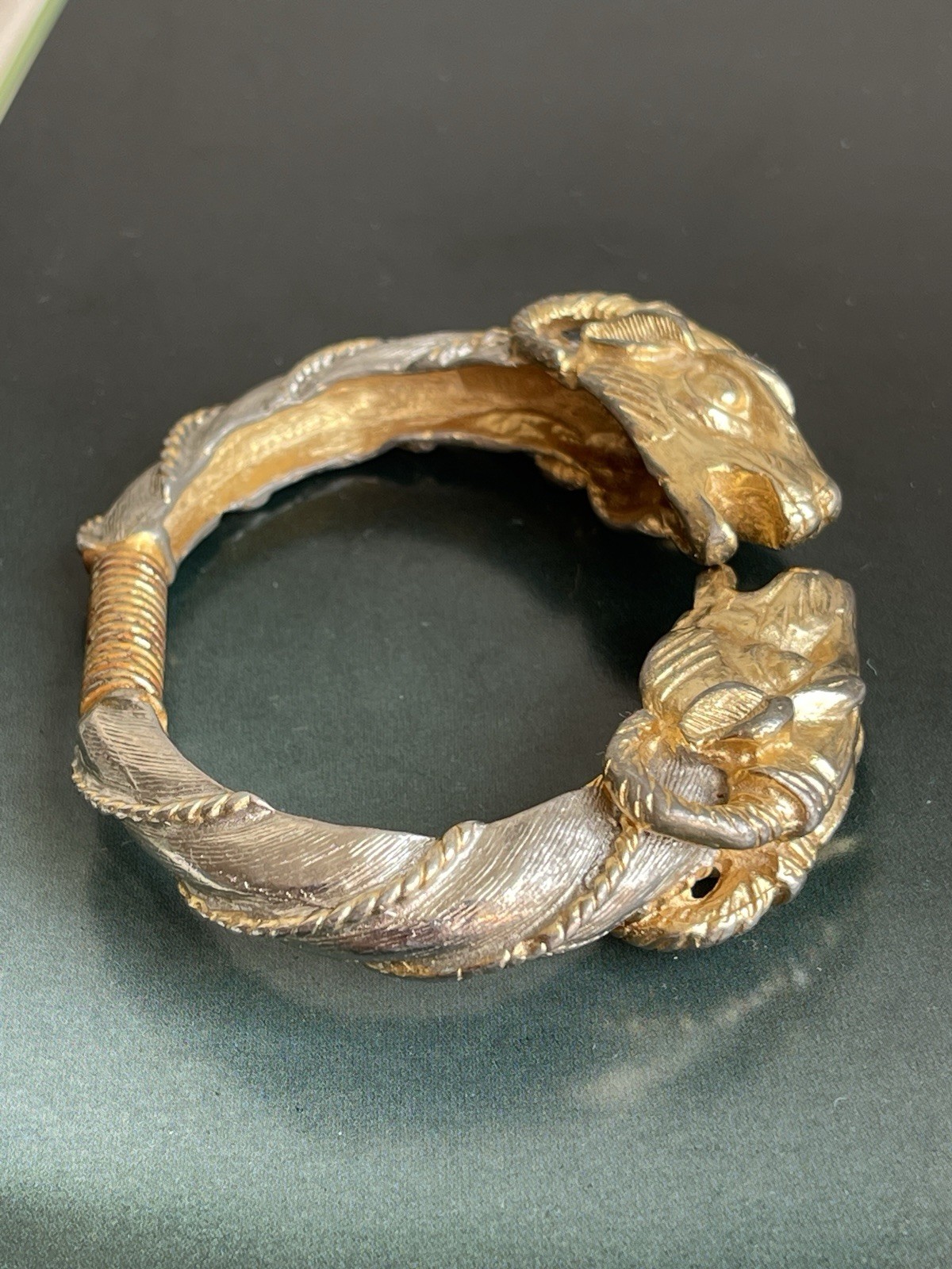 Vintage signed Donald Stannard double Ram head gold tone hinged clamper bracelet