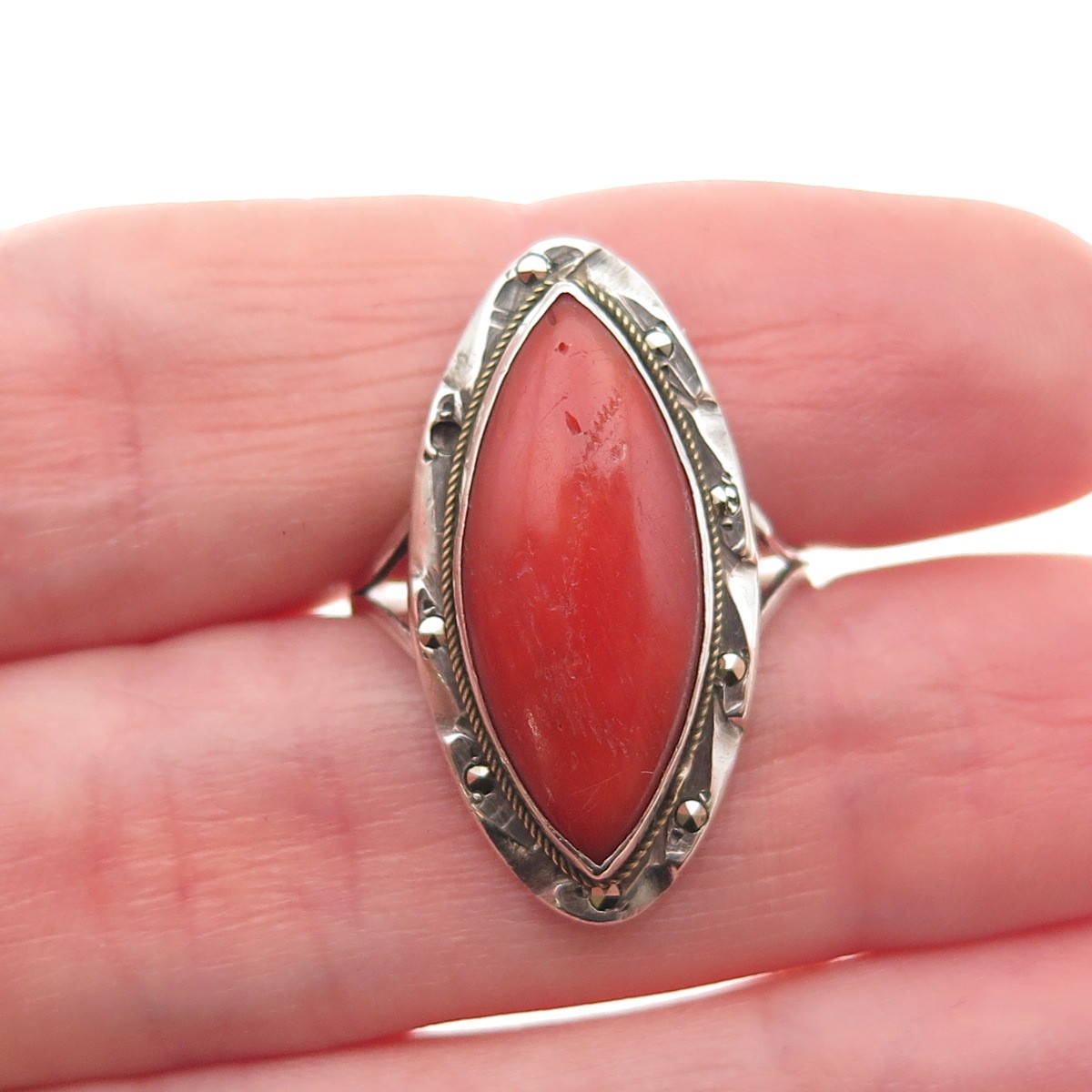 800 Silver Antique Art Deco Real Coral Marcasite Ring Size 6.75 (missing stone)
