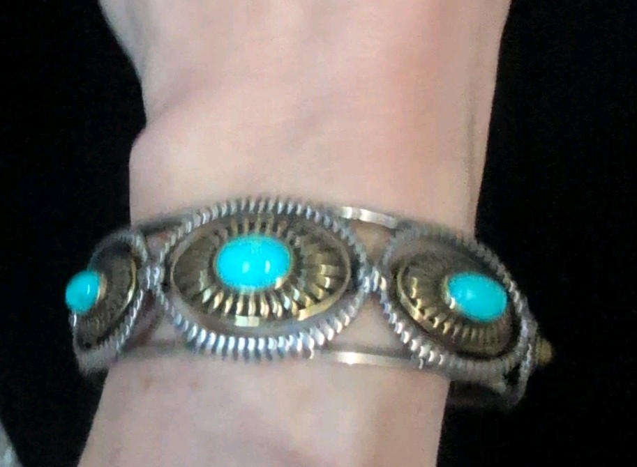 Vintage Sterling Carolyn Pollack 925 Fritz Mixed Metal Turquoise Bracelet 7 1/4