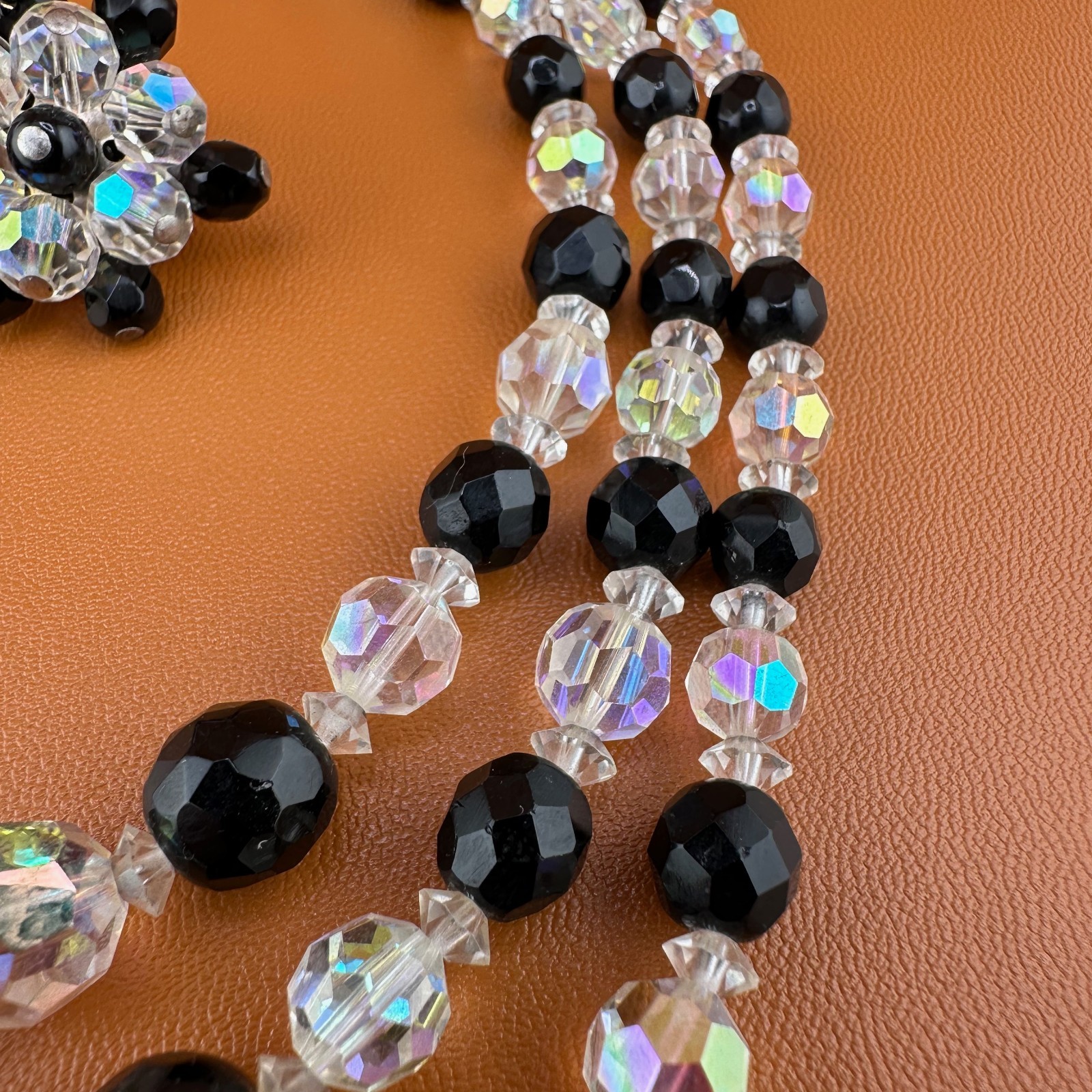 Vintage AB Crystal Bead Necklace Earrings Set Triple Strand Black & Clear 15″