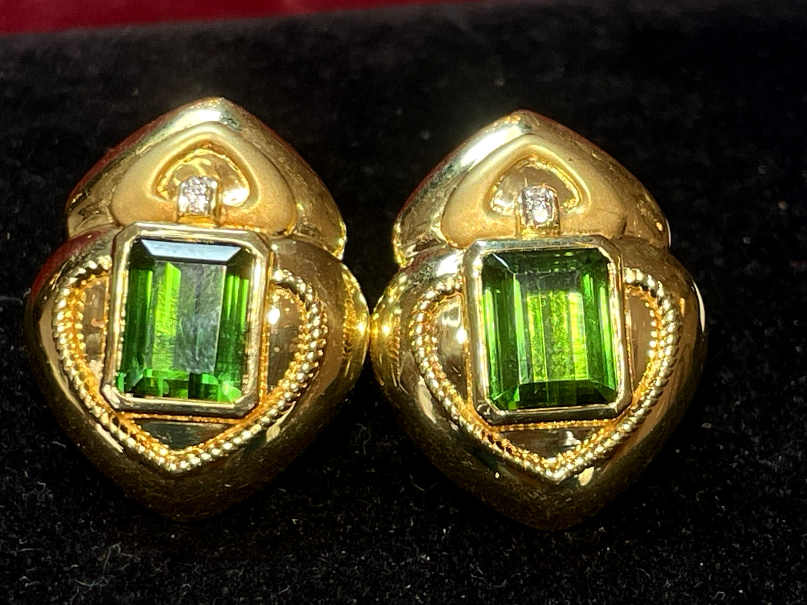 18K GOLD GREEN TOURMALINE & DIAMOND EARRINGS SIGNED OMEGA 23grs APPRAISAL $5,000