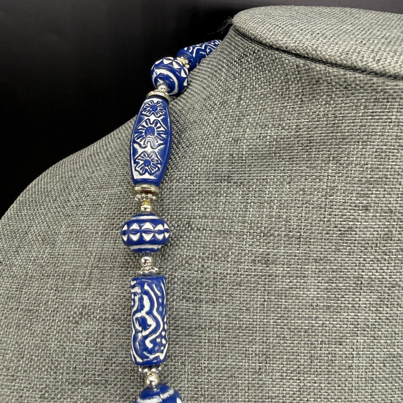 Vintage Necklace Blue White Patterned Beaded 22 Inches