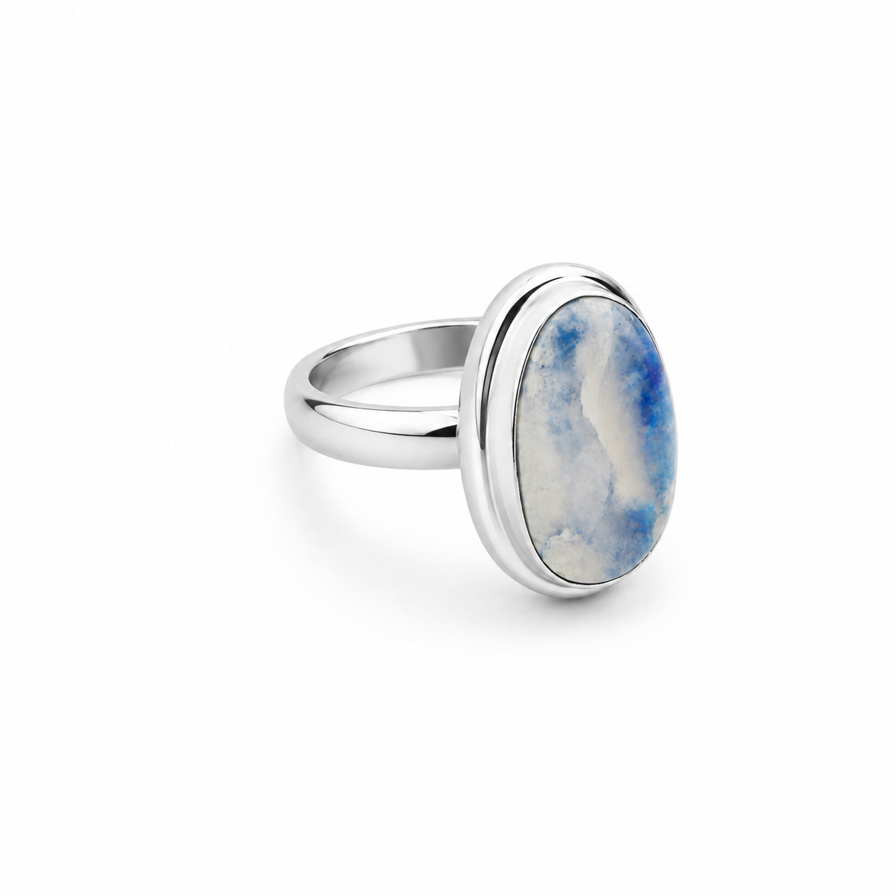 Quality Artisan White Blue Dendritic Opal (Milky Opal) 925 Sterling Silver Ring