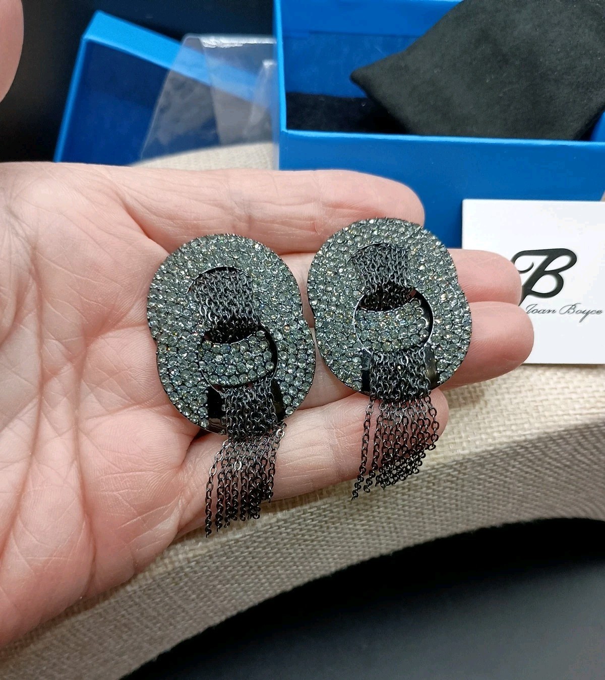 Joan Boyce Rhinestone Pierced Earrings Tassel Hoop Black HSN Signed In Box VTG