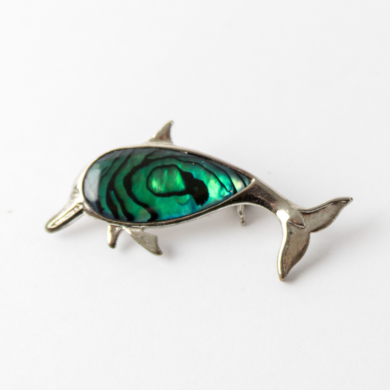 VTG New Zealand Paua Shell Dolphin Brooch Palladium Plate Abalone Jewelry 2″