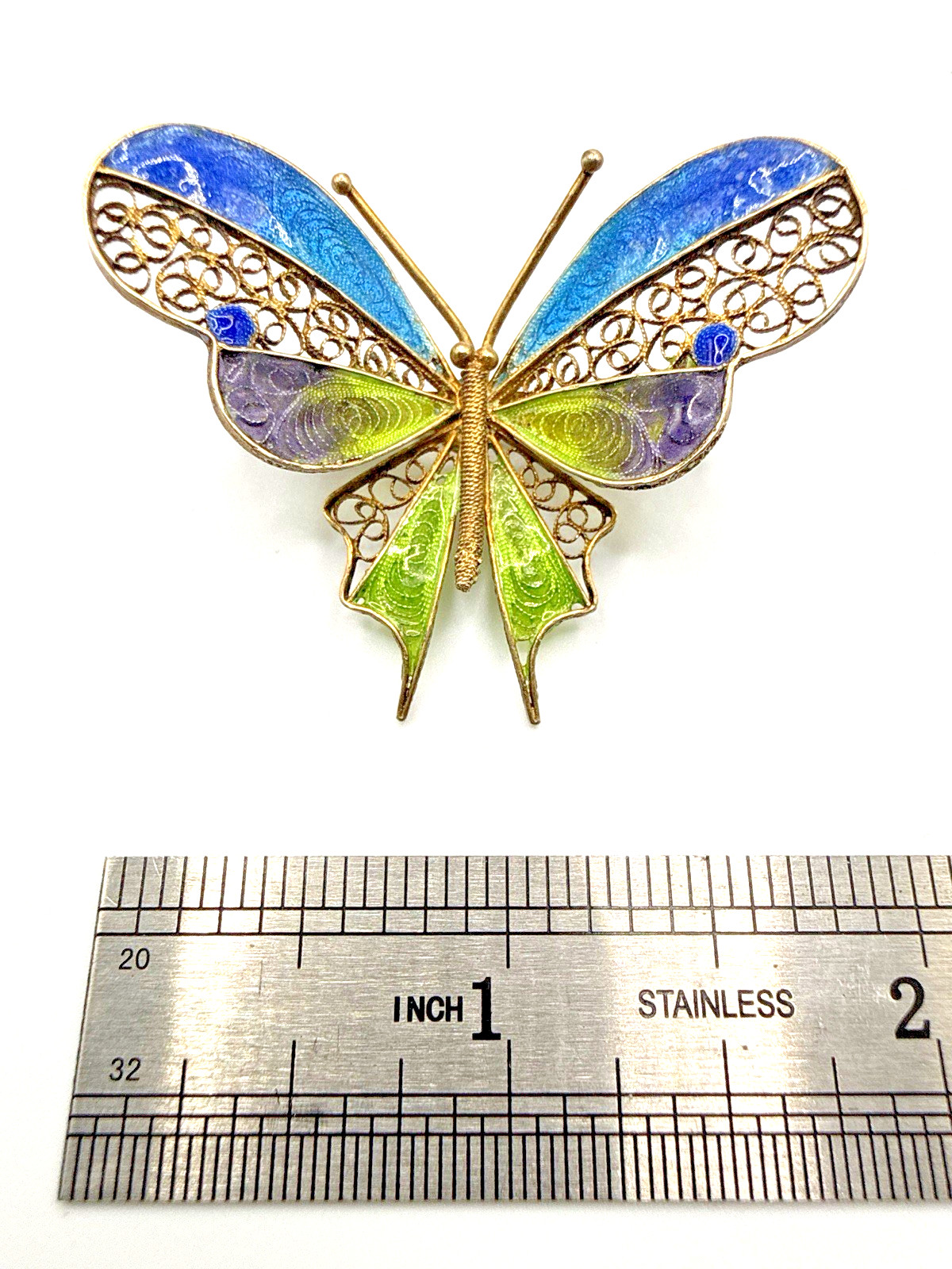 Antique 800 Silver Filigree Enamel Butterfly Brooch Blue Green Purple Pin