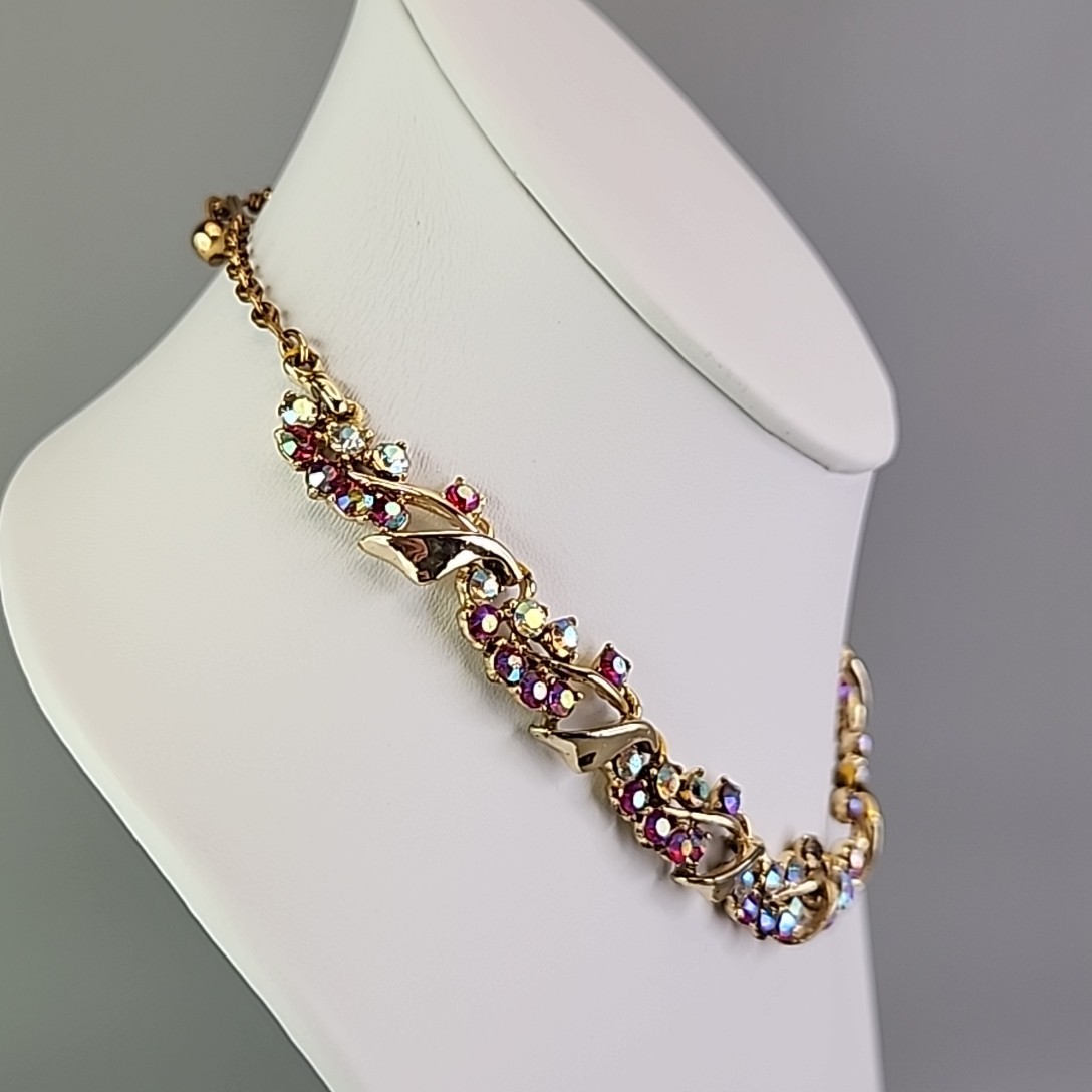 Vintage BSK Rhinestone Necklace AB Red Gold Tone Choker 16″