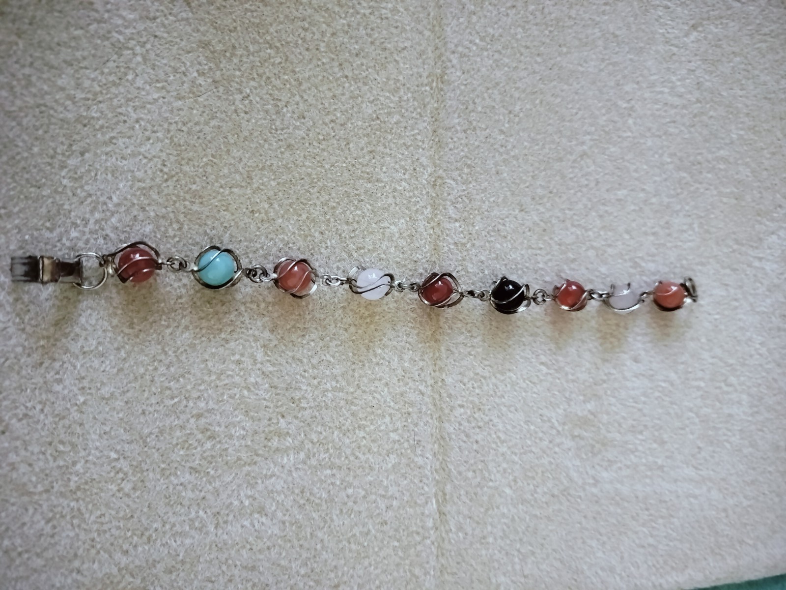 Vintage MCM Multi-Gemstone Caged Sphere Link Bracelet Wire-Wrapped Scarab-Style