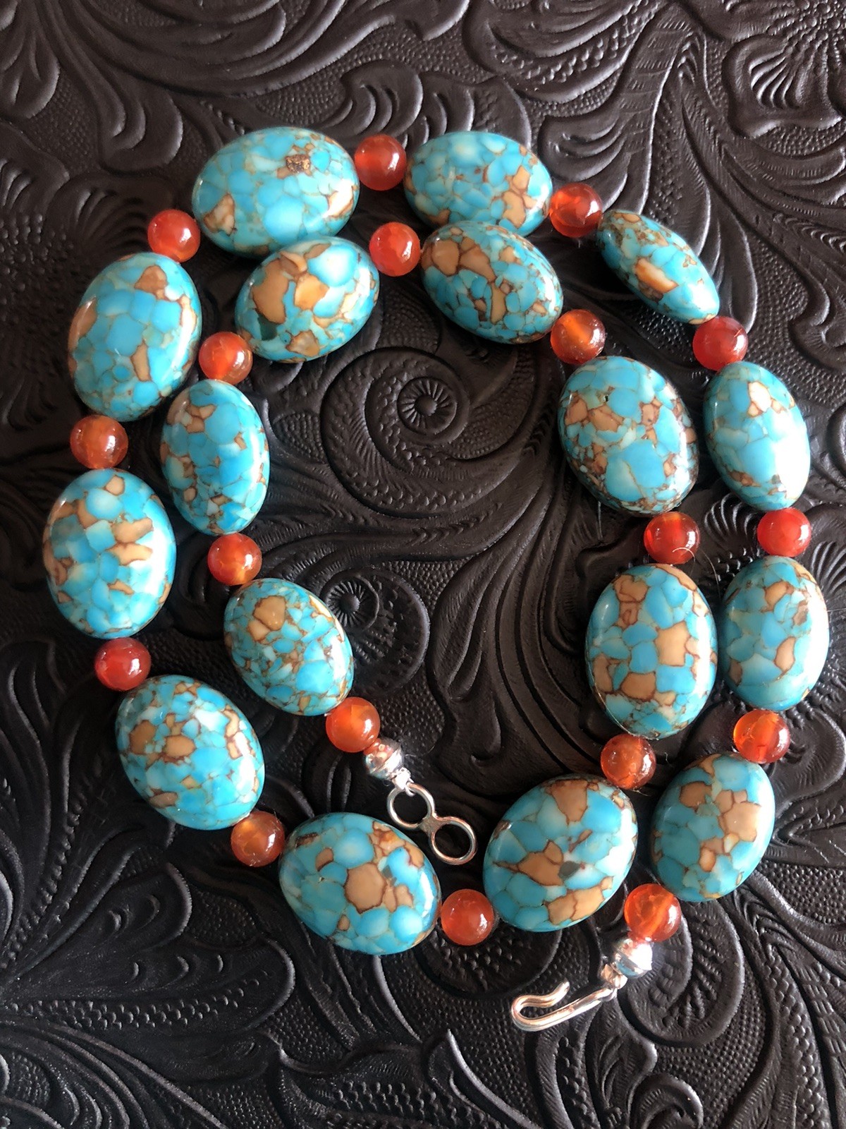Mosaic Turquoise Beads, Natural Orange Agate Beads 18” Necklace, 925 Clasp