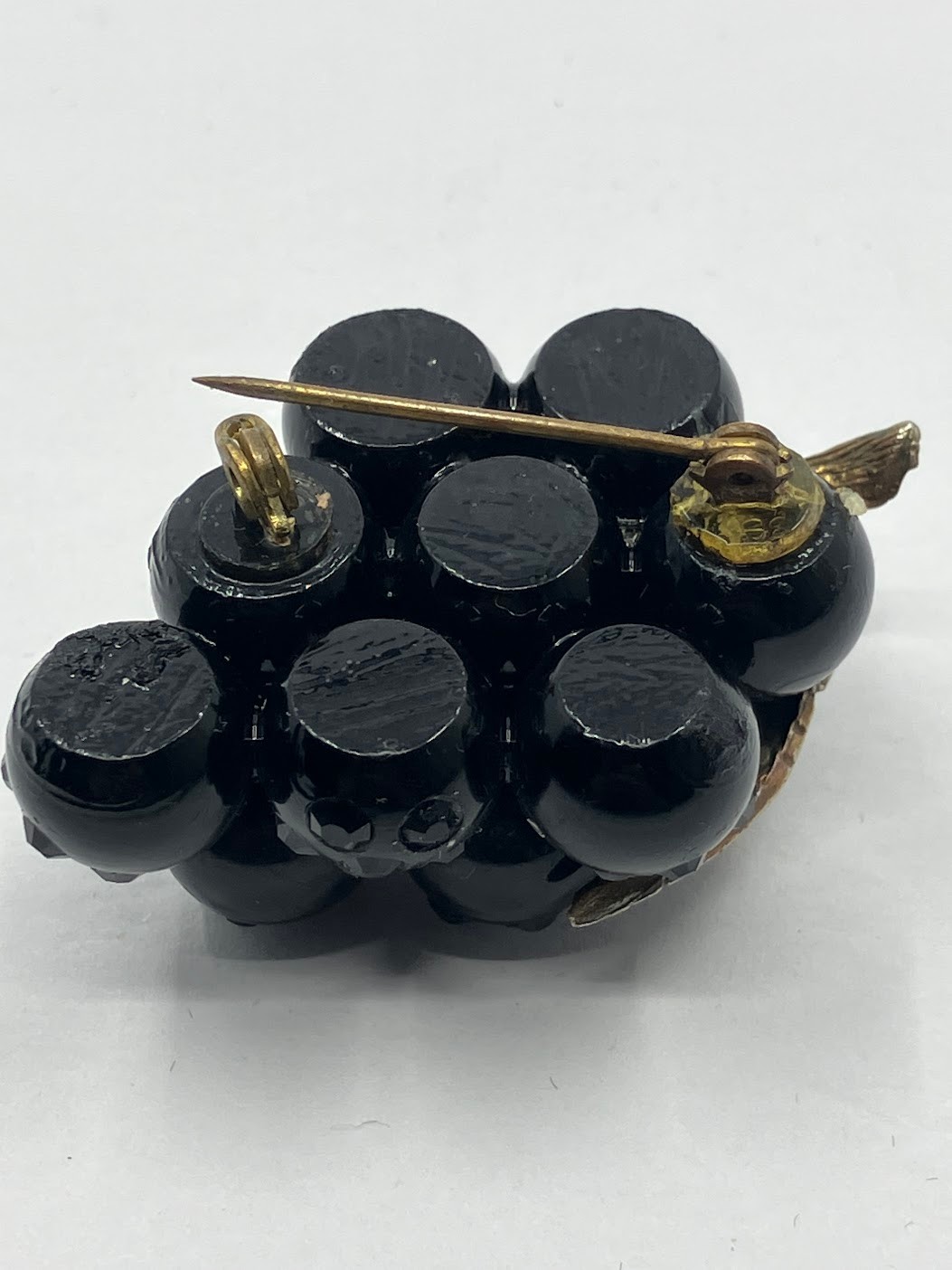 Vintage Forbidden Fruit Brooch Black Grape Cluster Lucite Rhinestones Pin