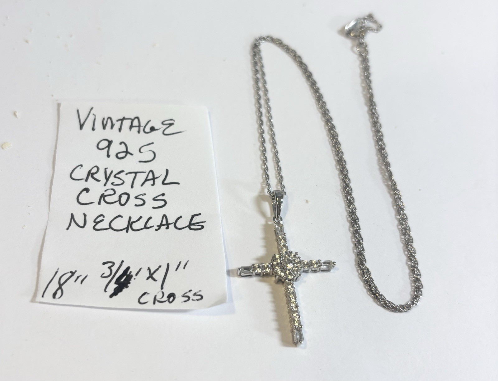Vintage 925 Sterling Crystal Cross Necklace 18” 3)4 X 1”