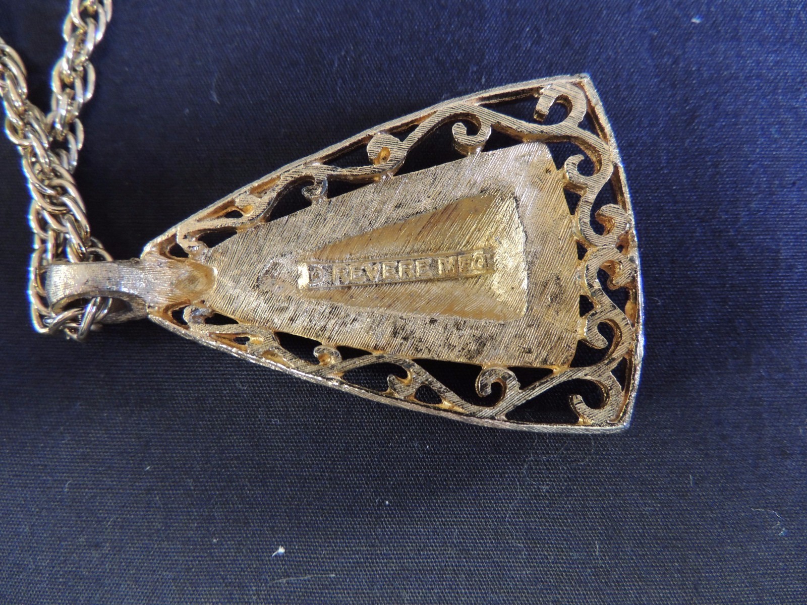 Vintage Goldtone Revere Chain Triangle Pendant Statement Necklace Red Enamel Fun