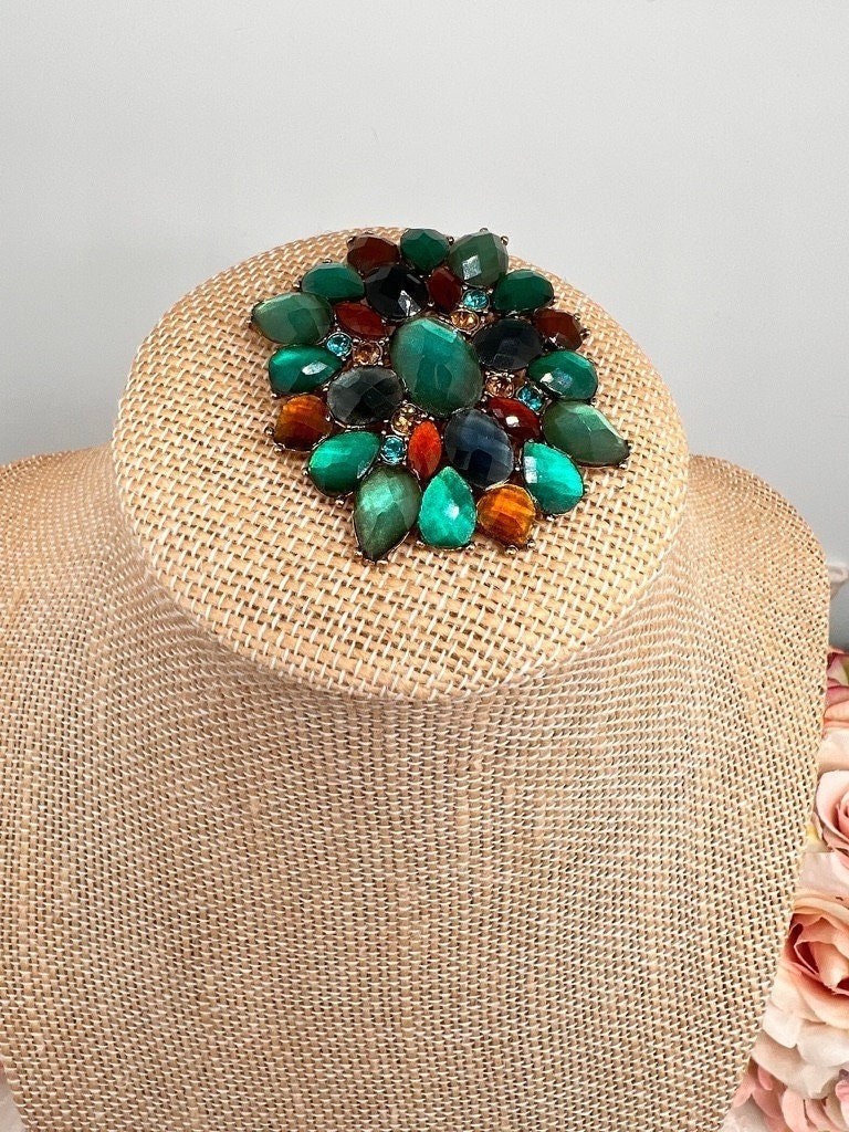 Vintage Brooch and Earrings Faceted Green Cut Glass Pin and Pierced Earrings Set