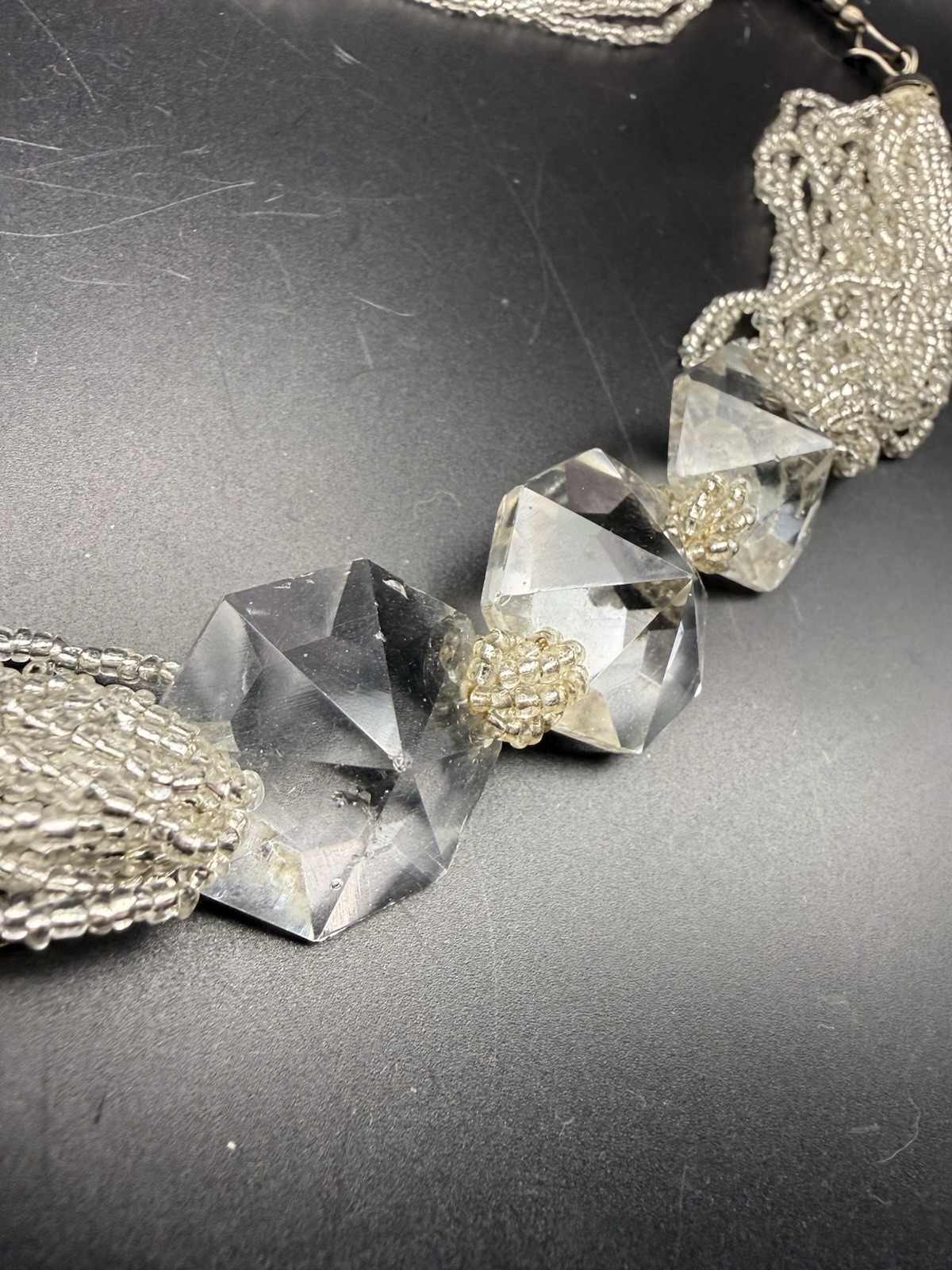 Vintage 25 Strand Silver Tone Clear Seed Bead & Faceted Crystal Necklace