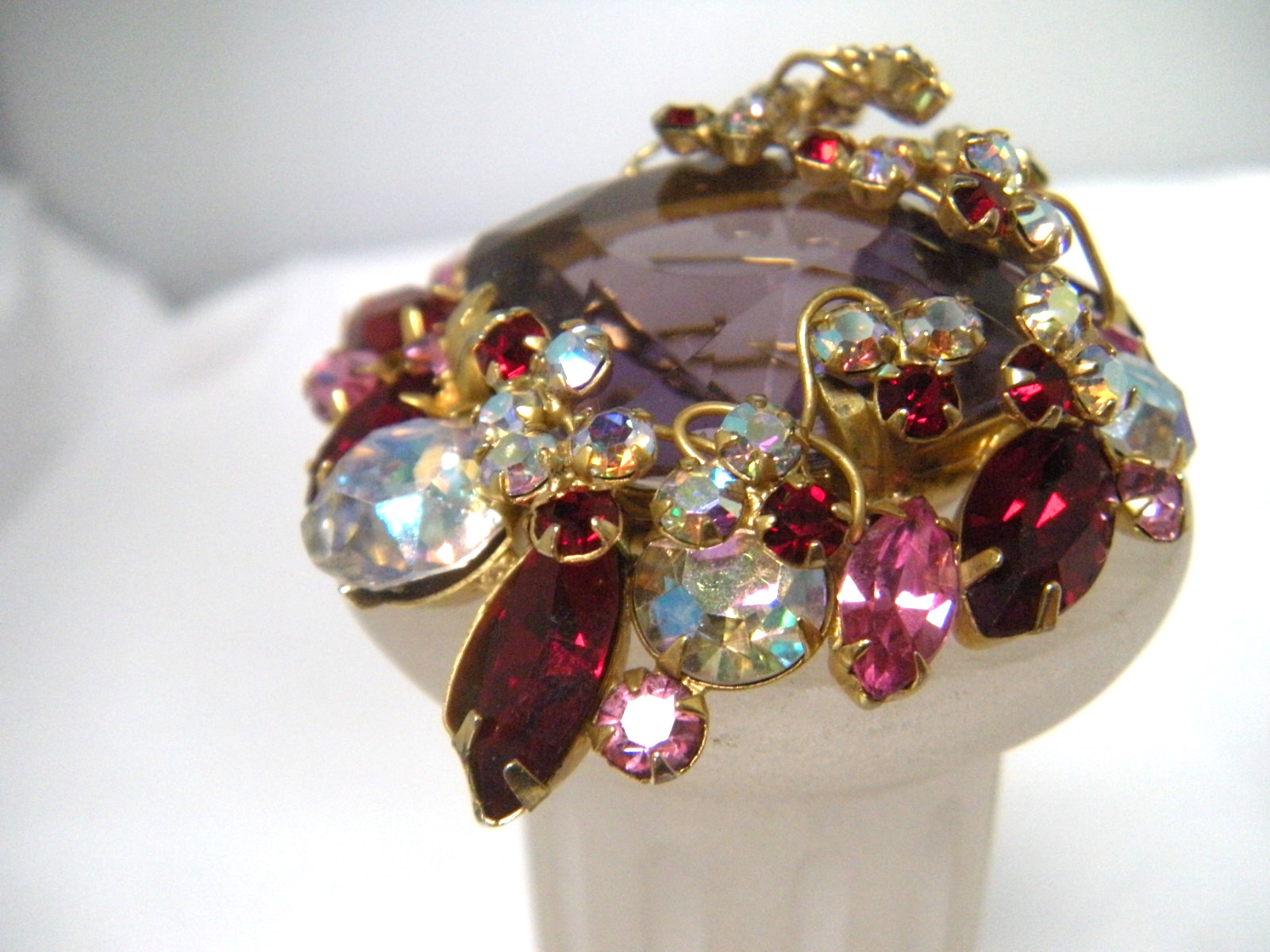 JULIANA Purple Pink Red Rhinestone Vintage Brooch Earring Set